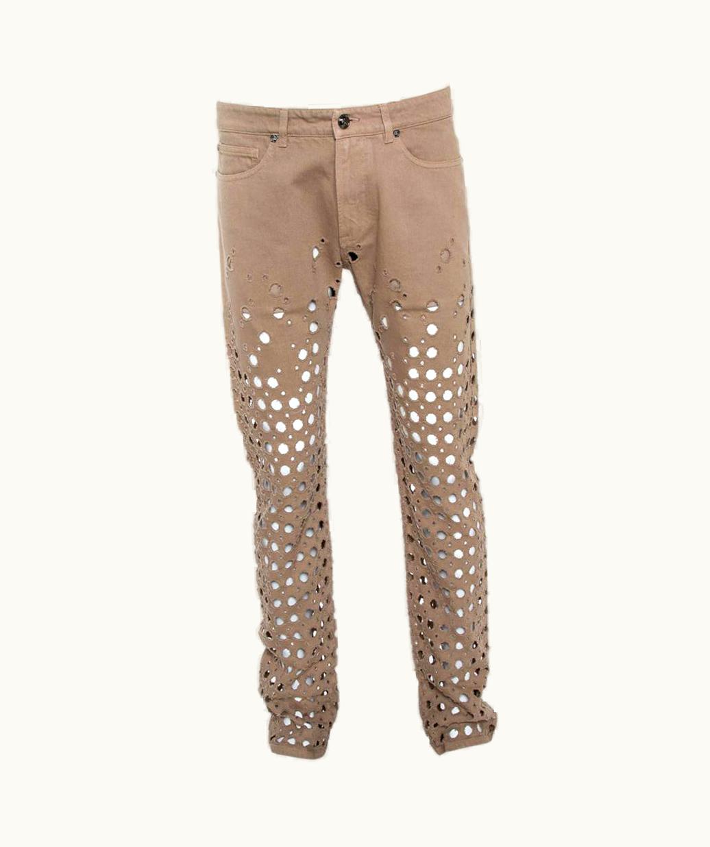 Versace Beige Denim Perforated Straight Leg Jeans