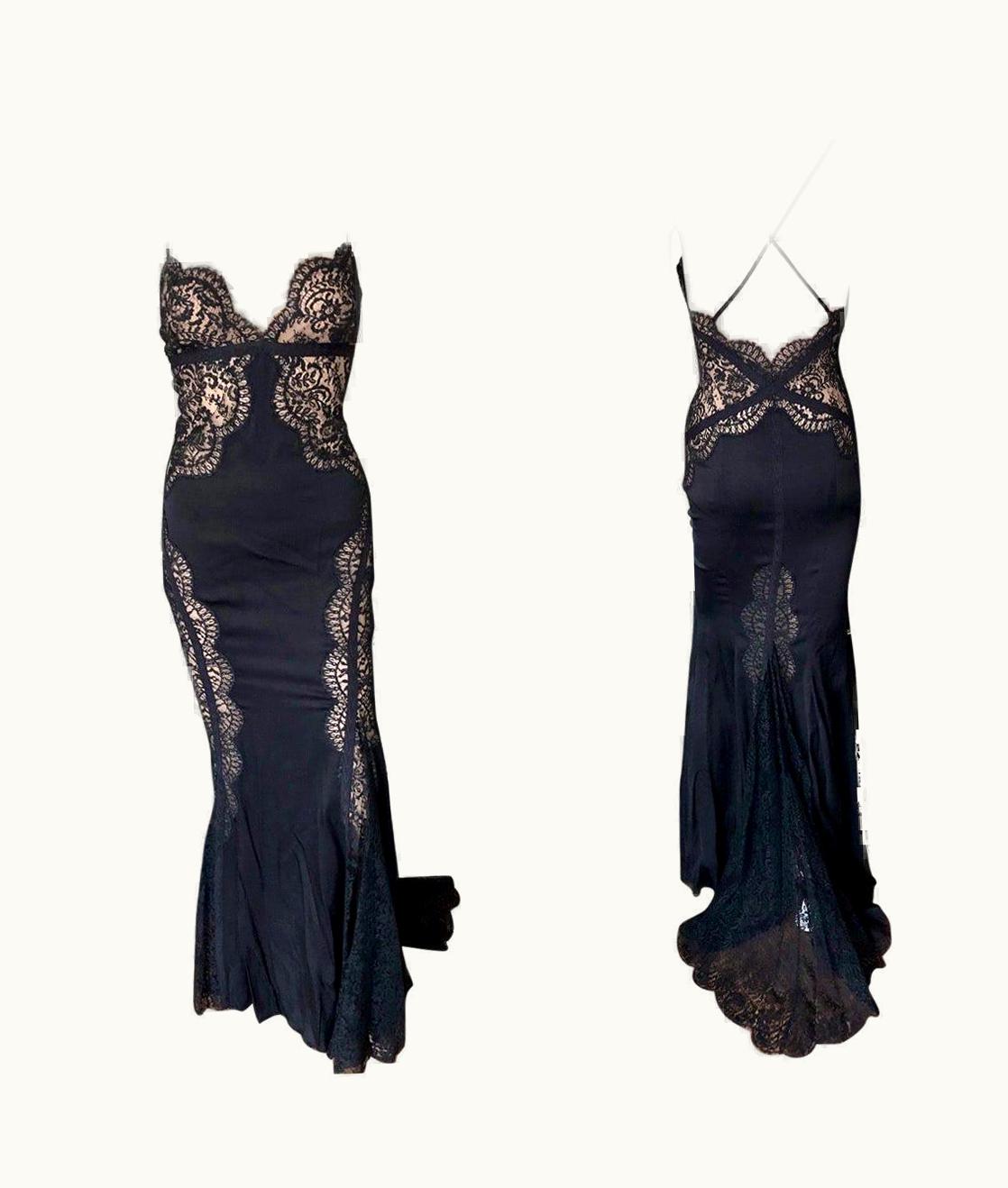 Versace Versace Plunged Sheer Lace Panels Backless Black Evening Dress Gown