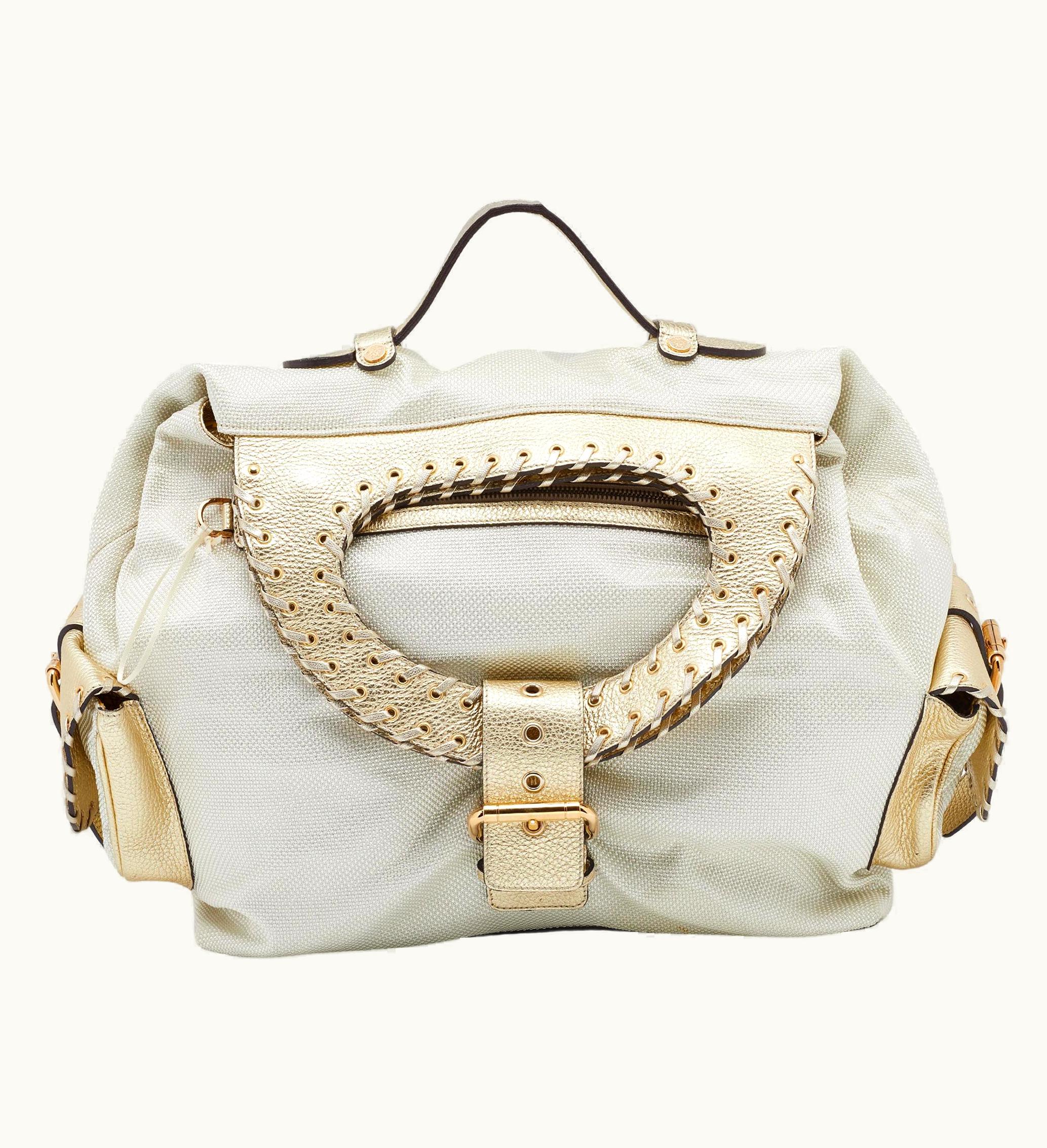 Versace Versace Metallic Light Beige/Gold Technical Fabric And Leather Satchel