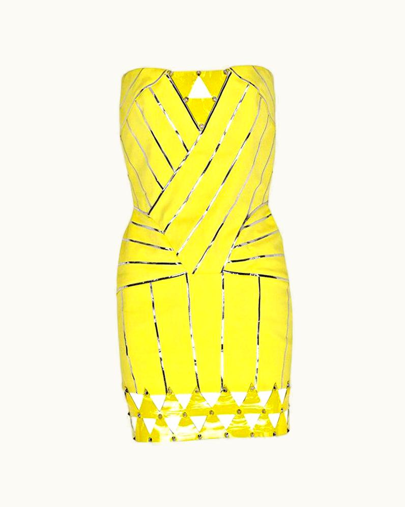 Versace Versace Embellished Yellow Stretch Mini Dress With Patent Leather Detail