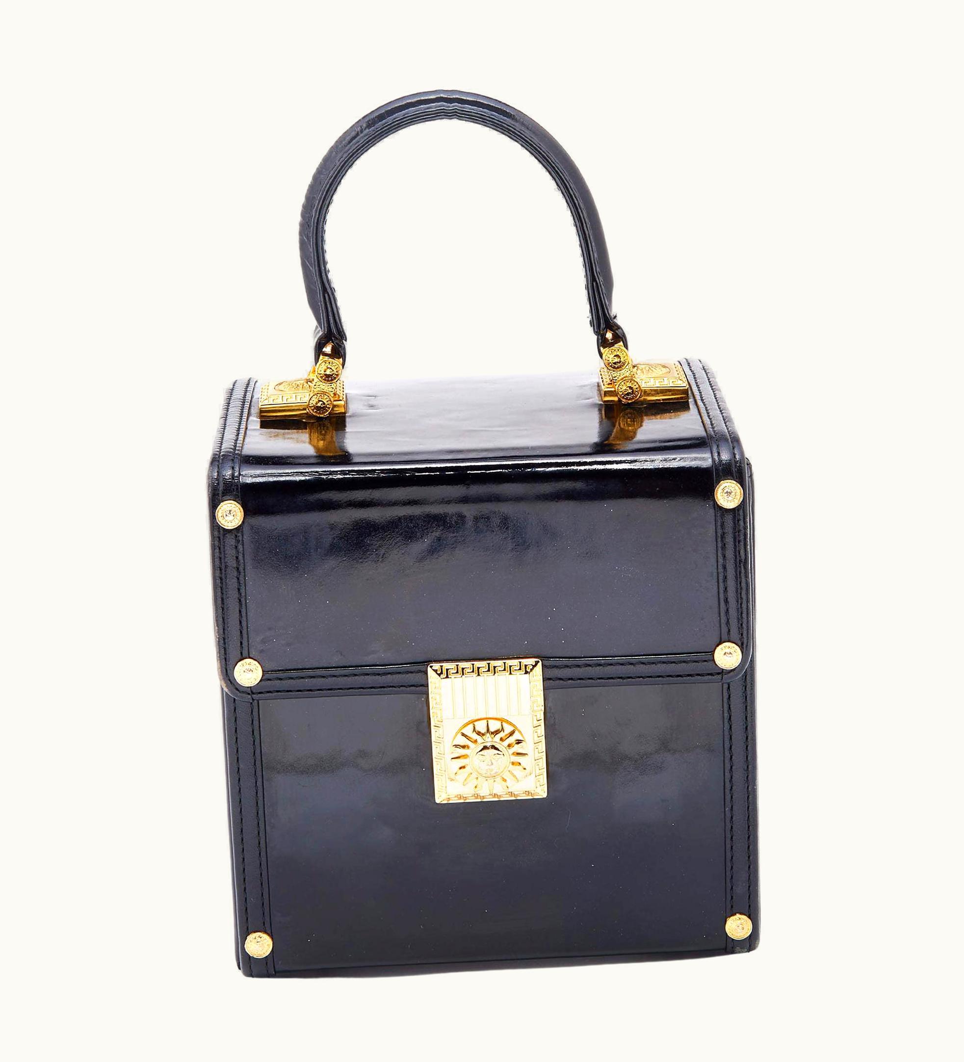 Versace Versace Black Leather Vintage Sun Vanity Box Trunk Handle Bag