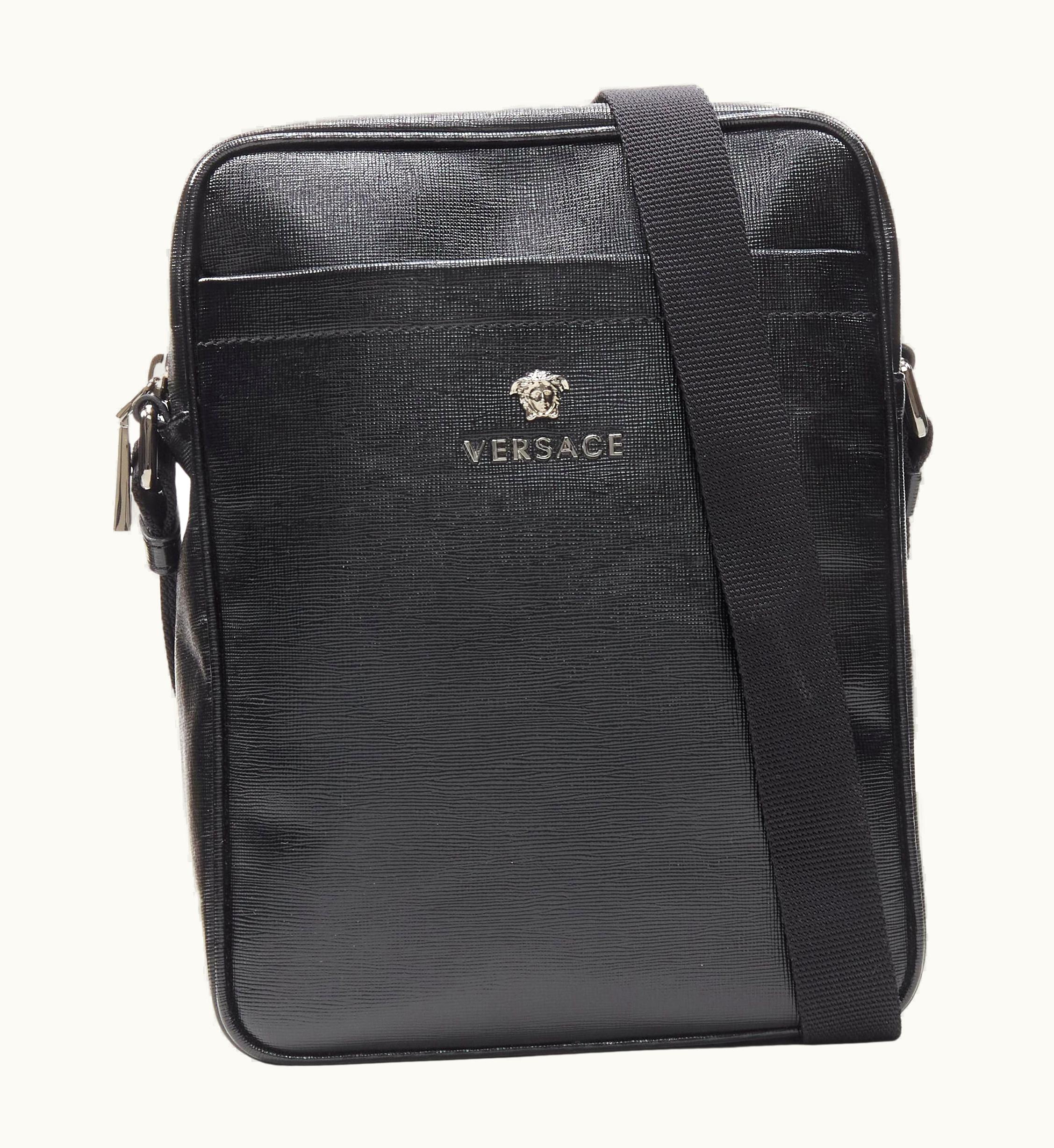 Versace Versace Black Lacquered Saffiano Leather Silver Medusa Crossbody Bag UZ0576622