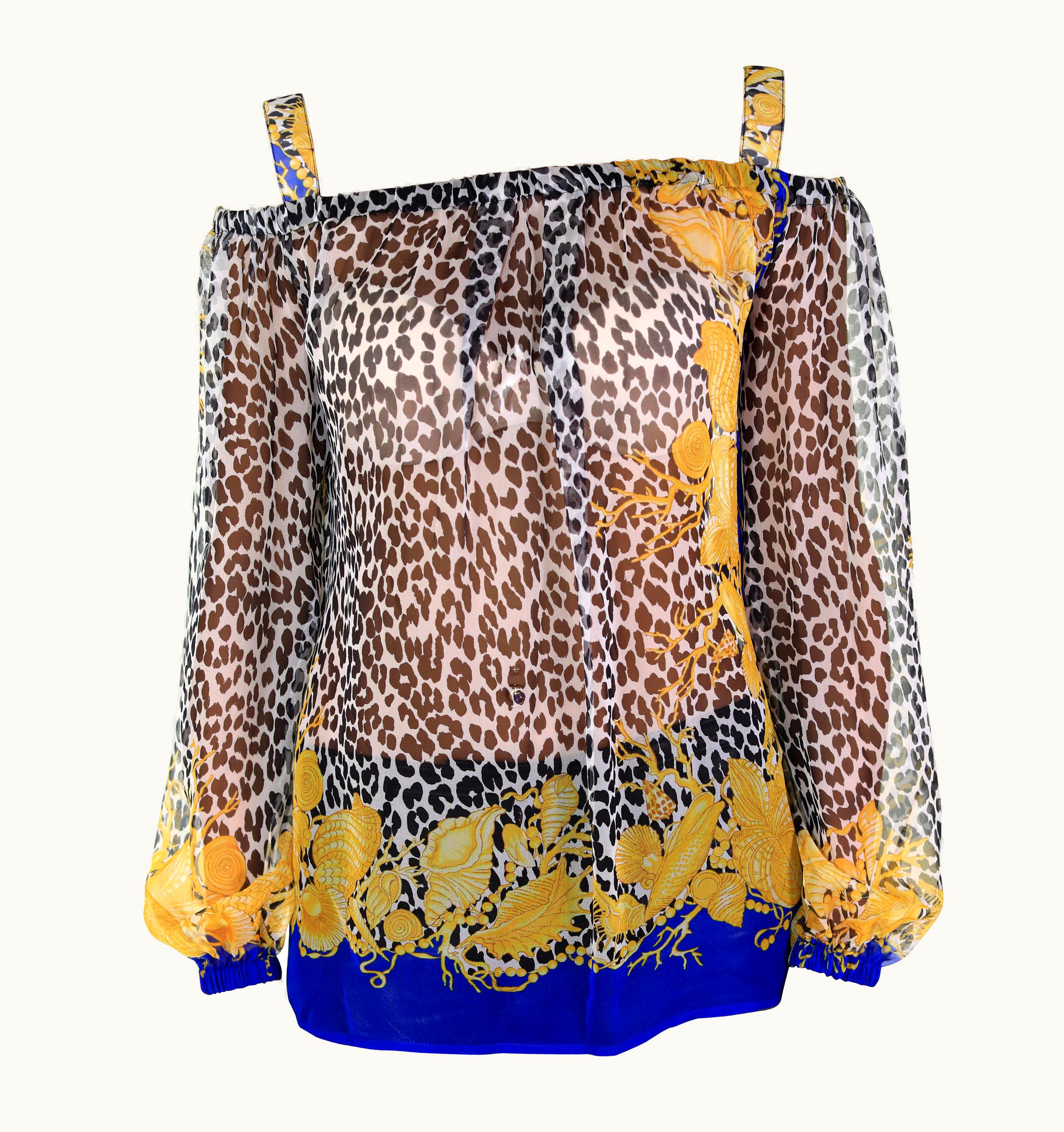 Versace Versace Animal And Seashell Print Chiffon Silk Off Shoulder Top