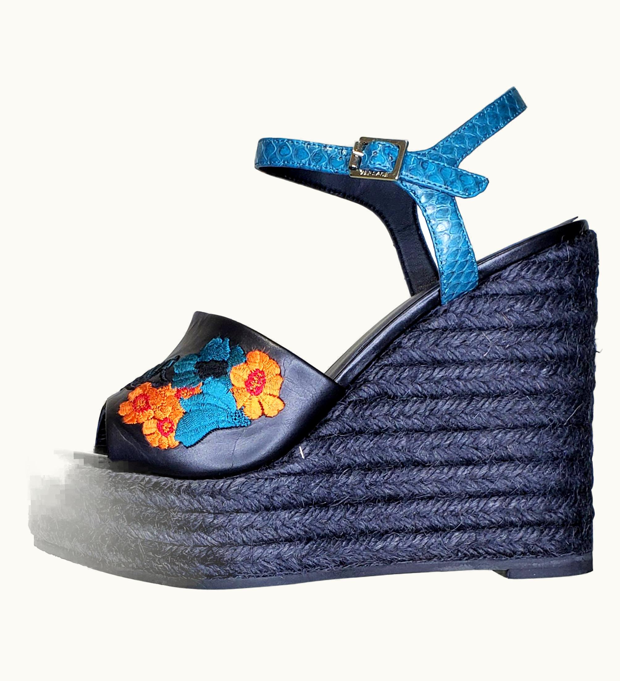 Versace Versace Black Leather And Floral Embroidered Wedge Sandals 38.5