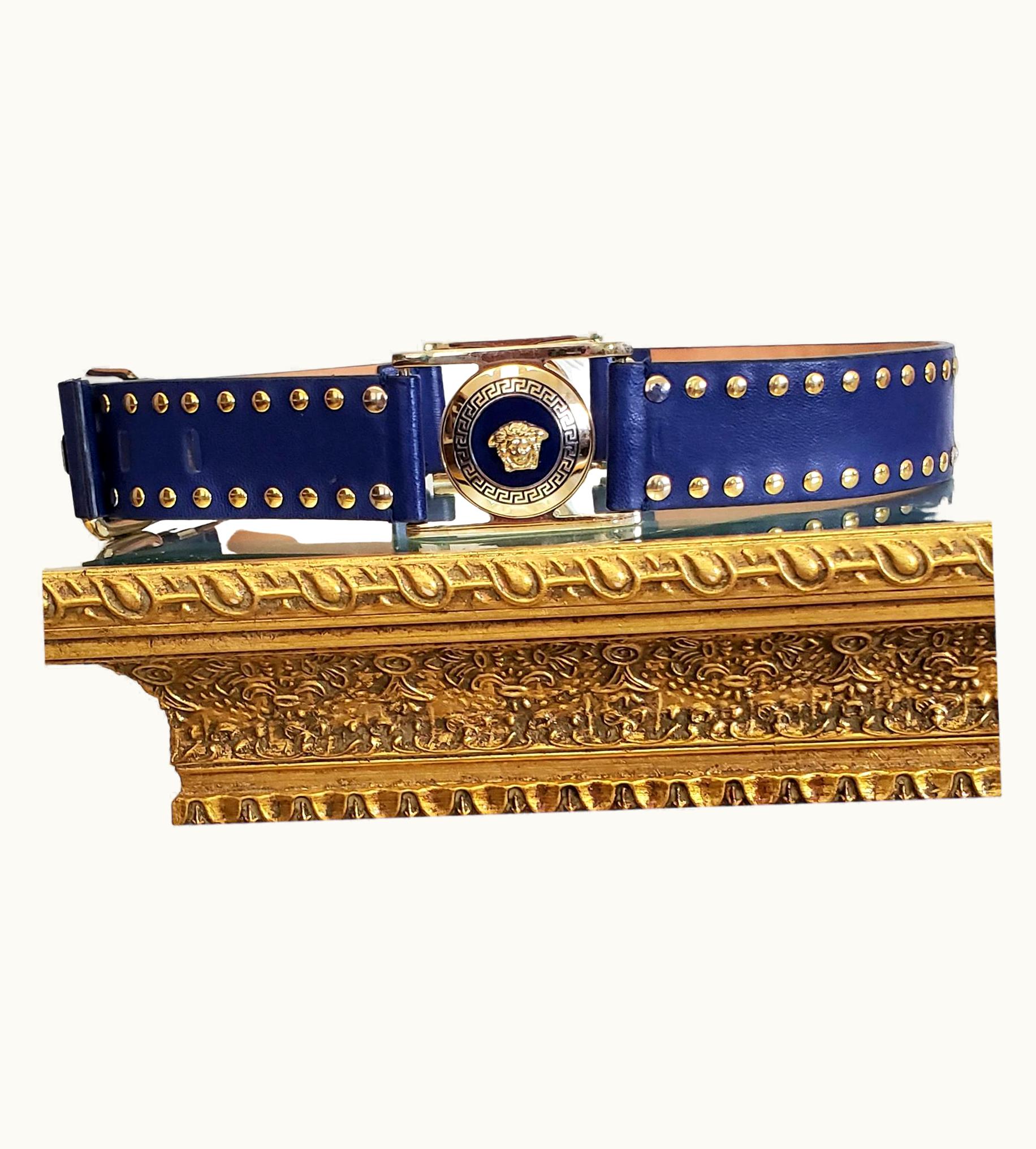 Versace Versace Vintage Blue Studded Leather Medusa Buckle Belt 70/28