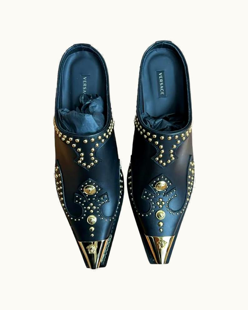 Versace Versace Black Leather Studded Mules Sandals