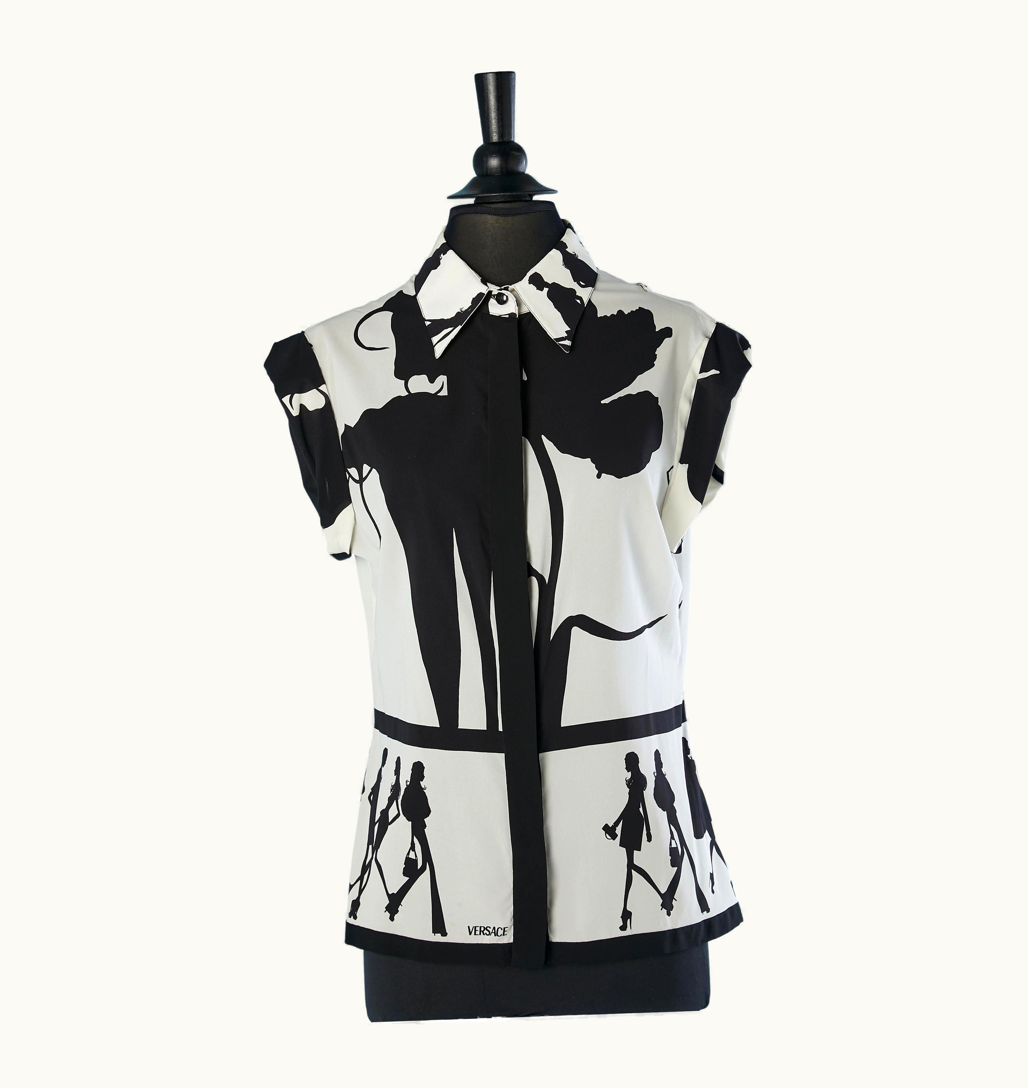 Versace White Silk Sleeveless Shirt With Black Pattern Print Versace