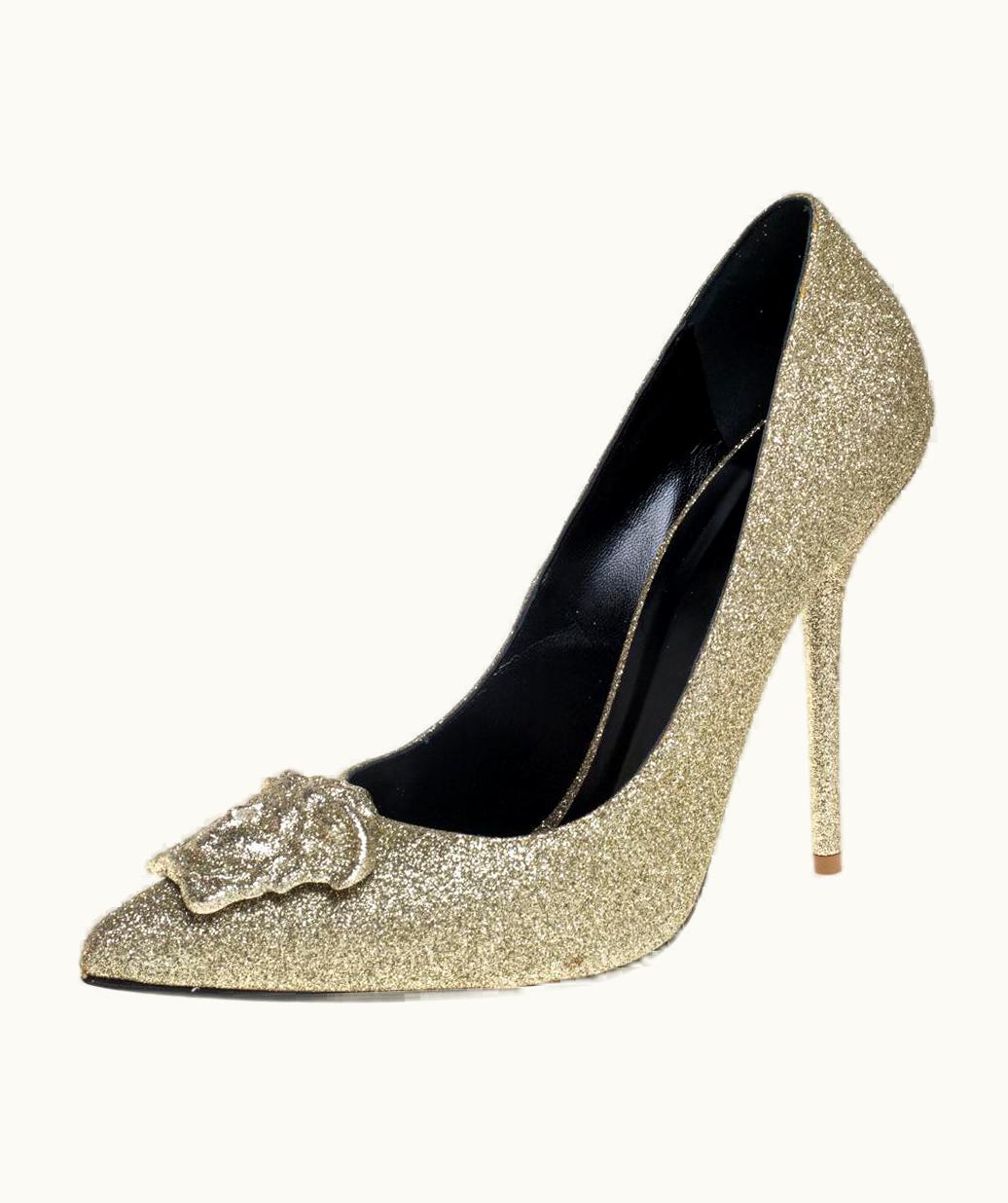 Versace Versace Gold Glitter Fabric Medusa Pointed Toe Pumps