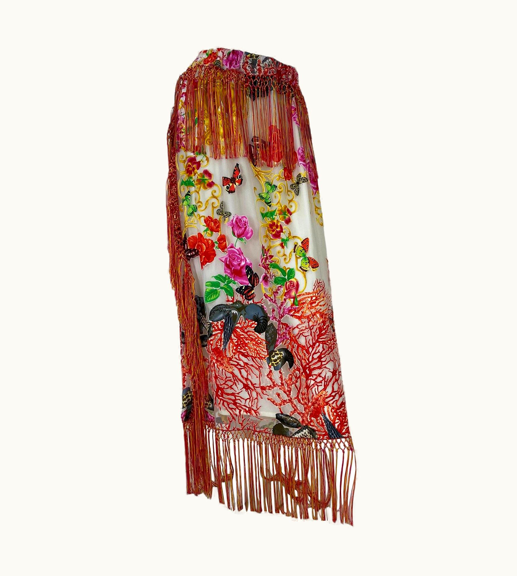 Versace Versace Le Jardin Barocco Printed Tulle Long Skirt With Fringe