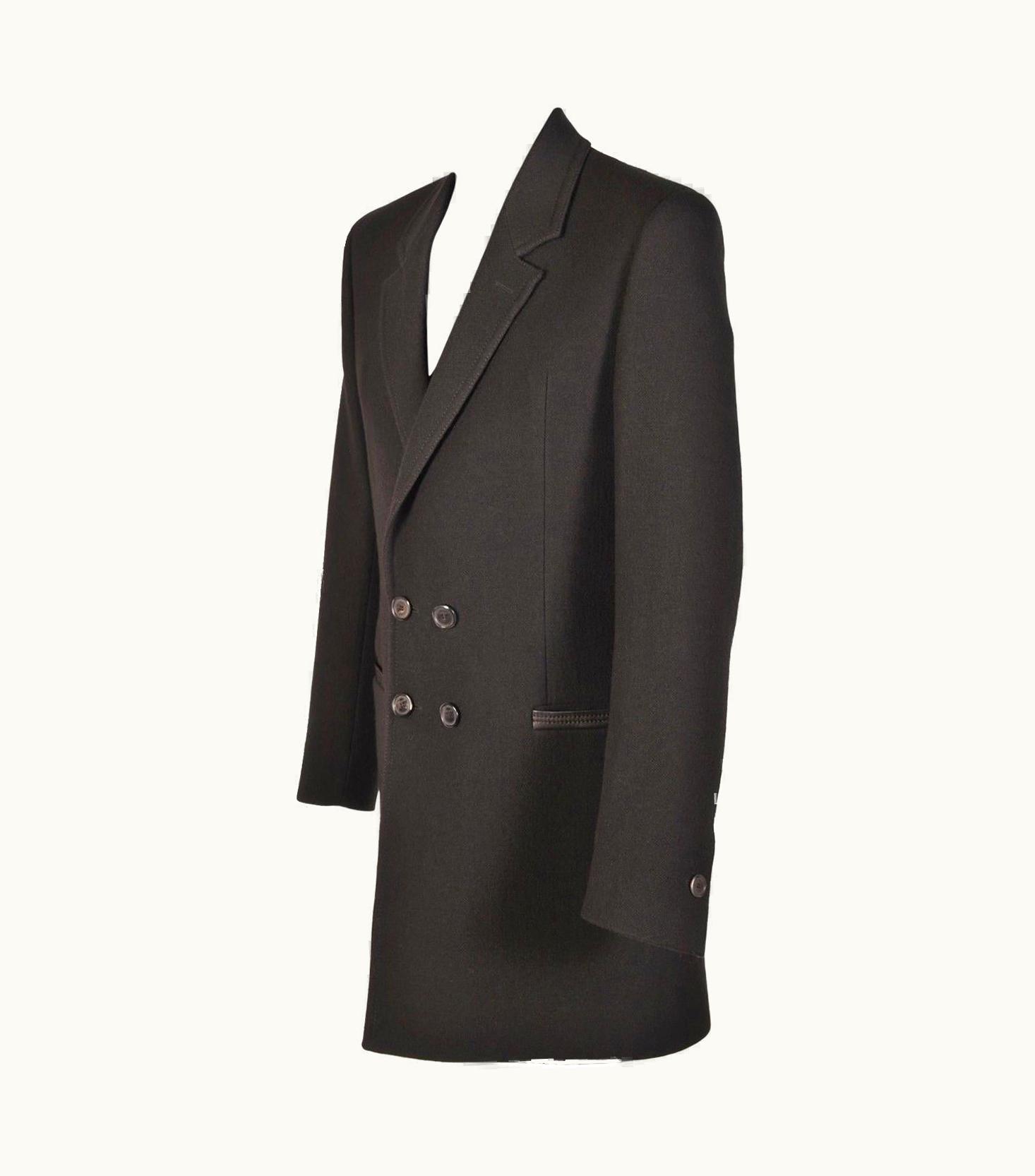 Versace Versace Black Wool Coat With Leather Trim For Men