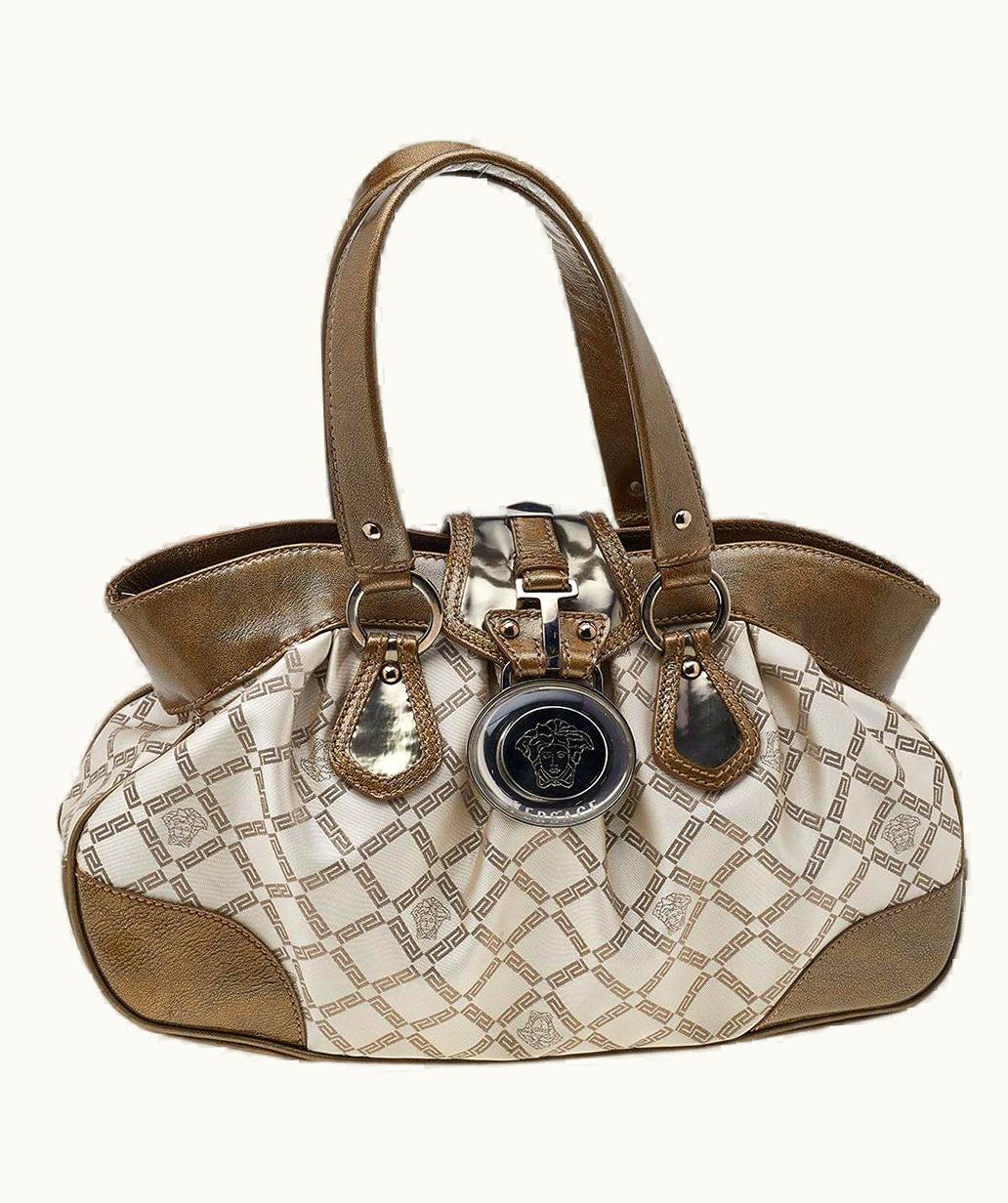 Versace Versace Metallic Gold/Cream Signature Canvas And Leather Shoulder Bag