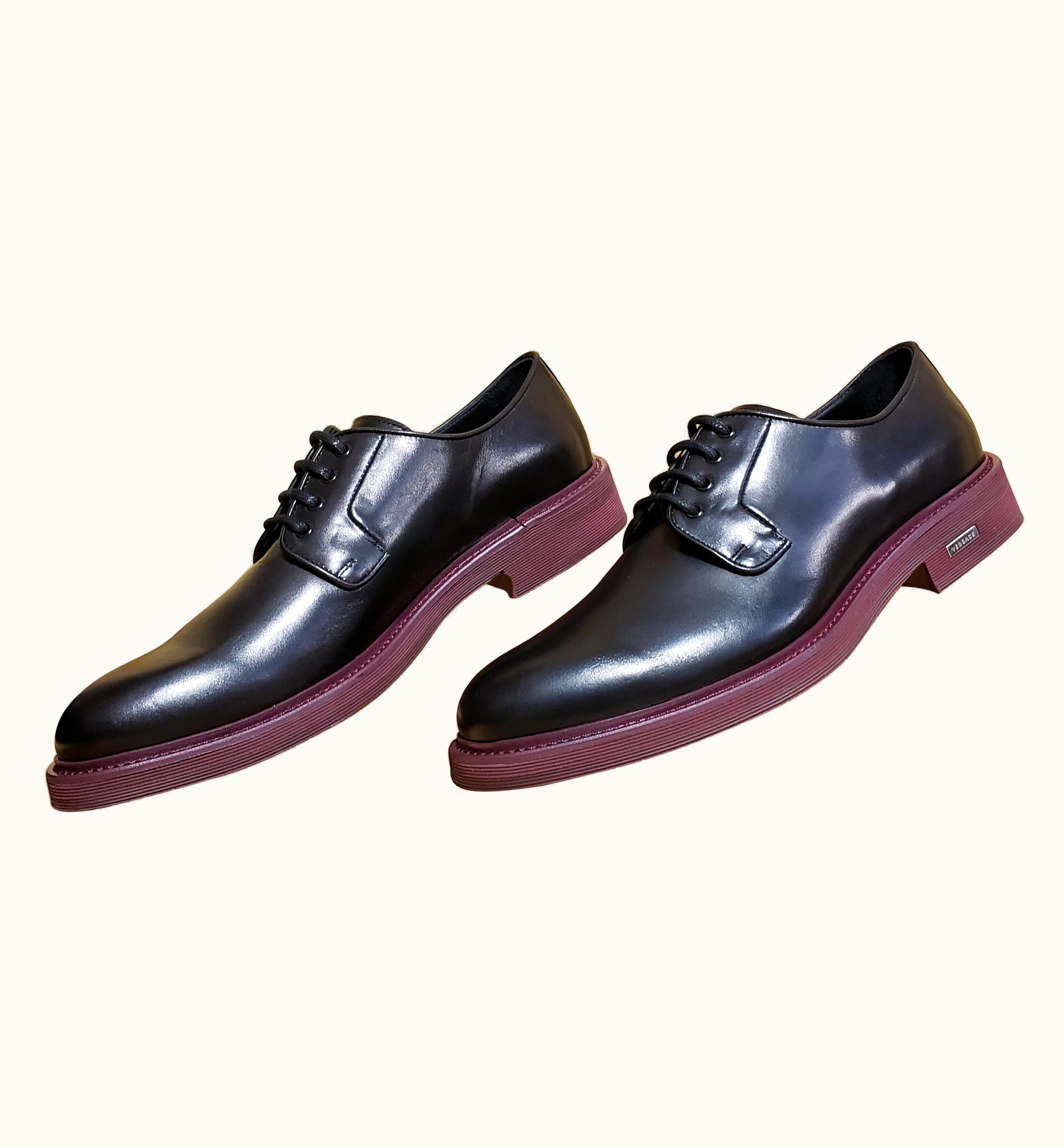 Versace Versace Black Leather Loafer Shoes With Burgundy Heel