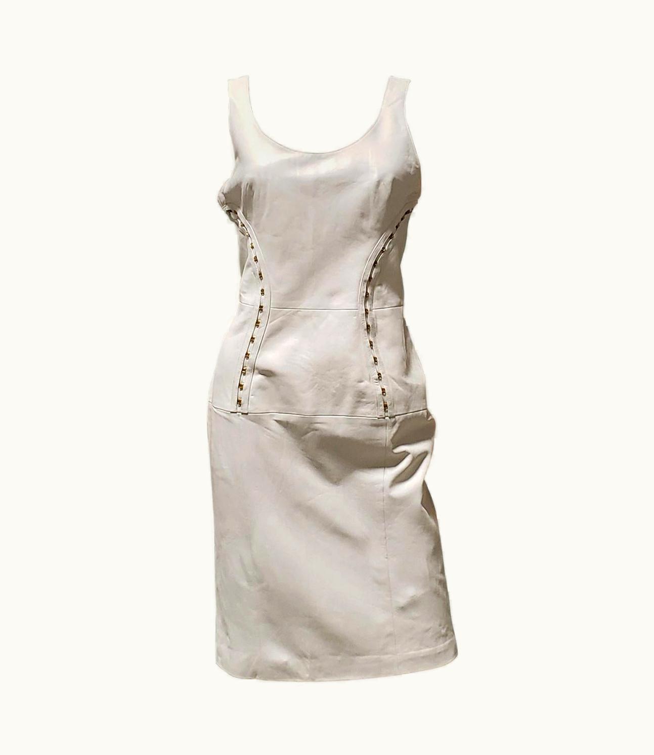 Versace Versace Off White Metal Hardware Embellished Leather Dress