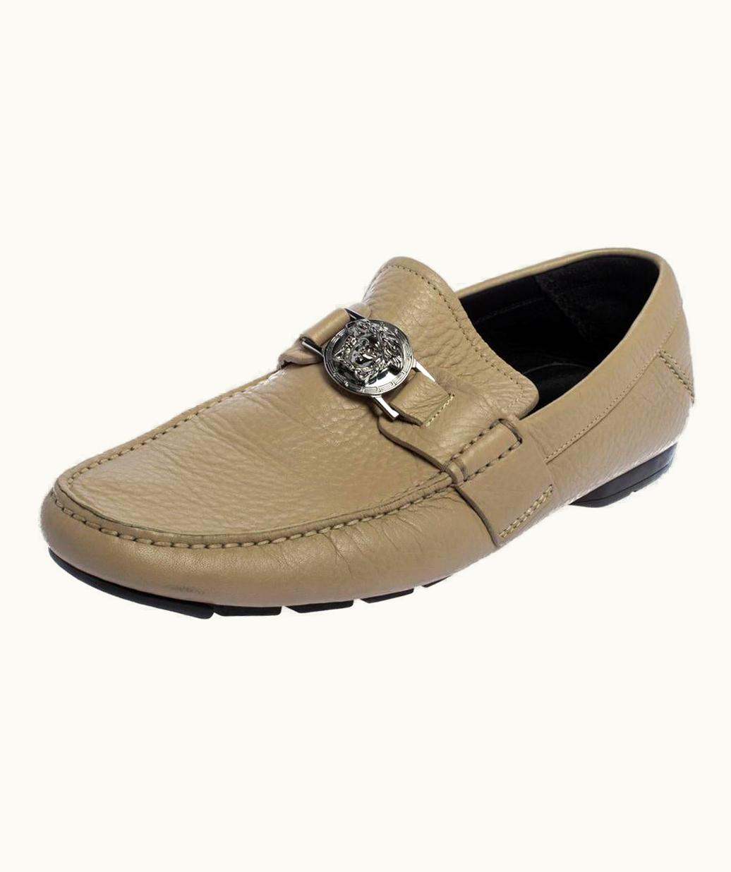 Versace Versace Beige Leather Medusa Embellished Slip On Loafers