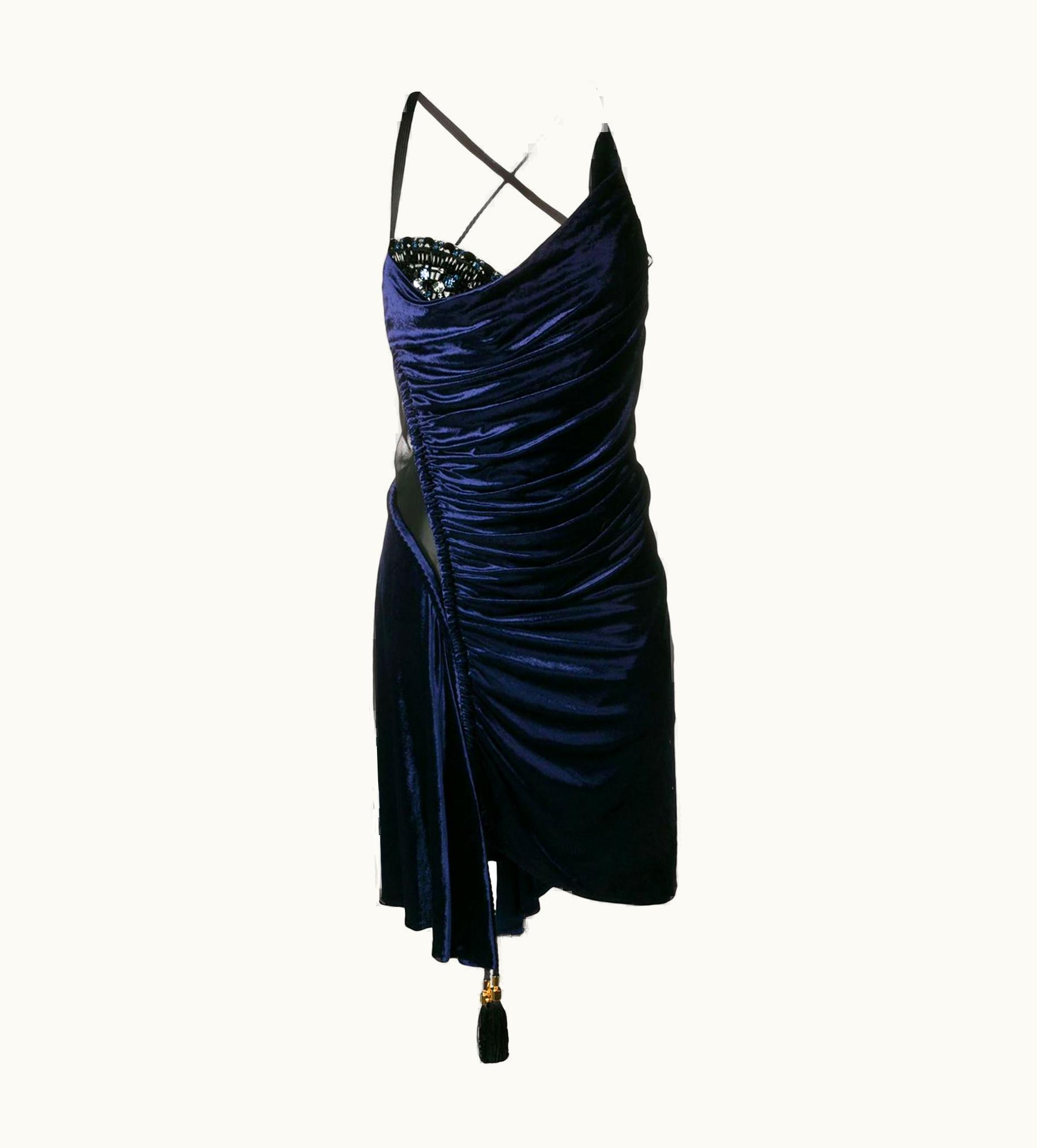 Versace Versace Blue Silk Velvet Asymmetrical Fitted Cocktail Dress
