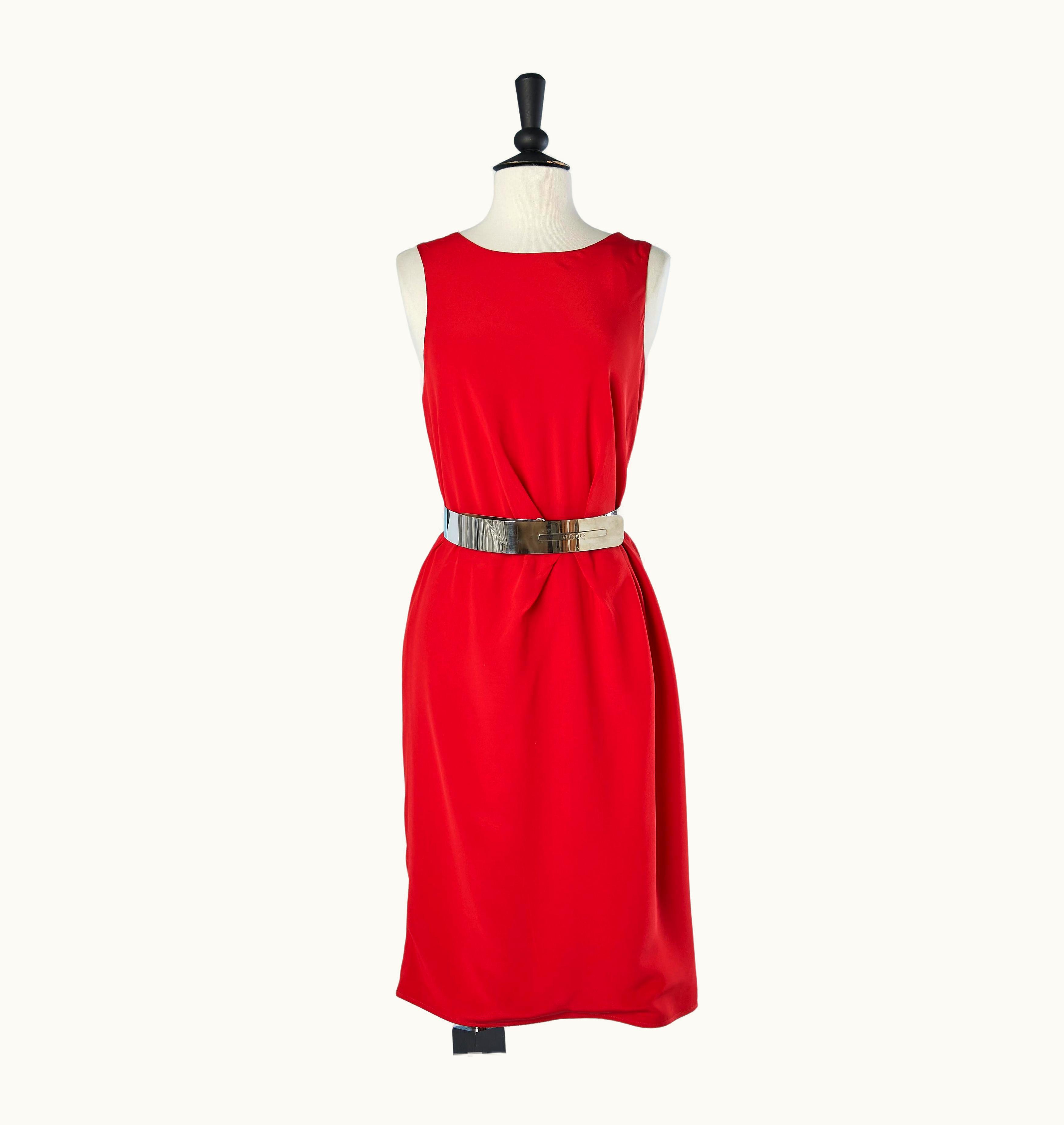 Versace Red Silk Cocktail Dress With Metallic Branded Belt Versace
