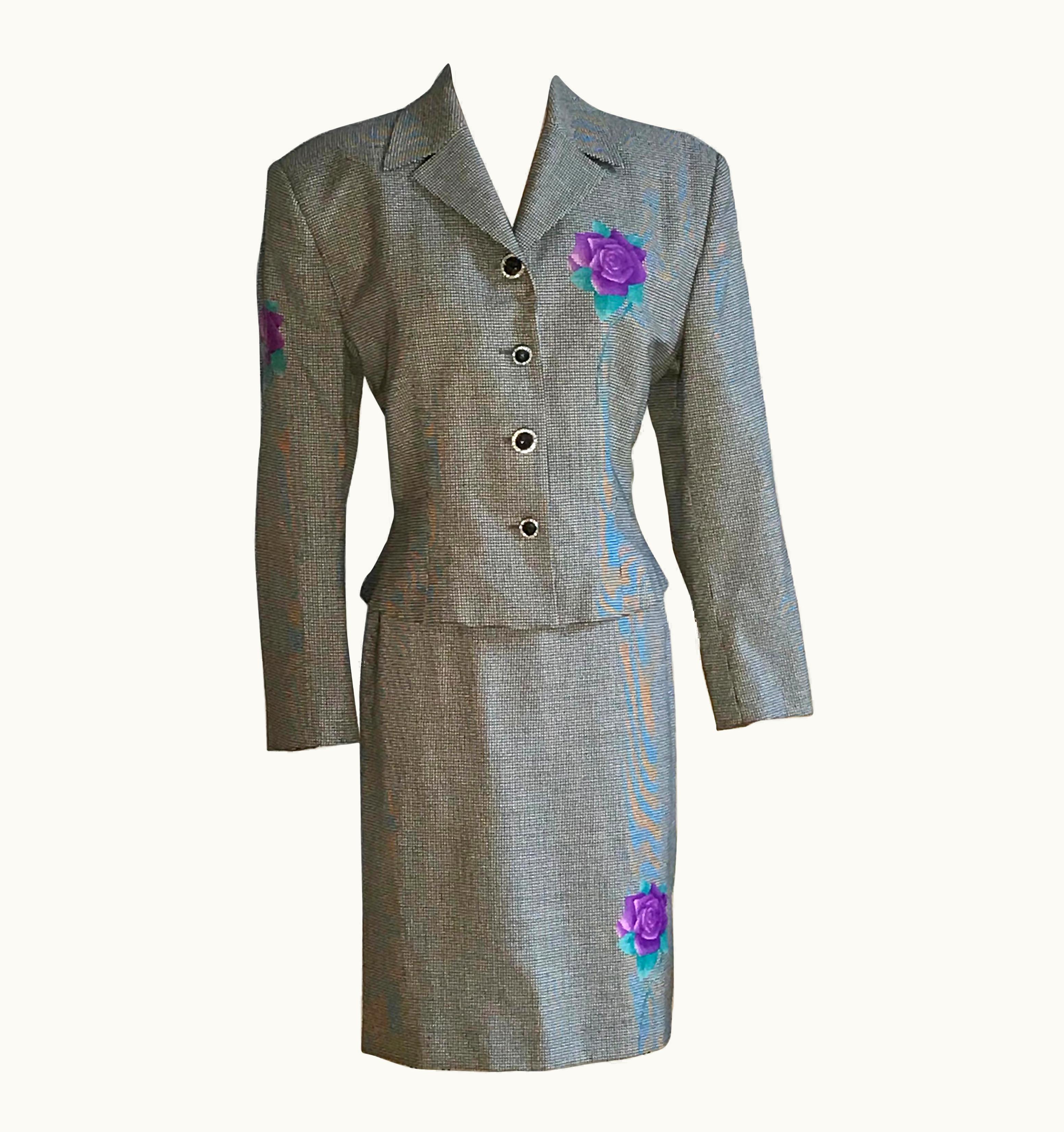 Gianni Versace Couture Gianni Versace 1990s Purple Flower Black White Houndstooth Skirt Suit