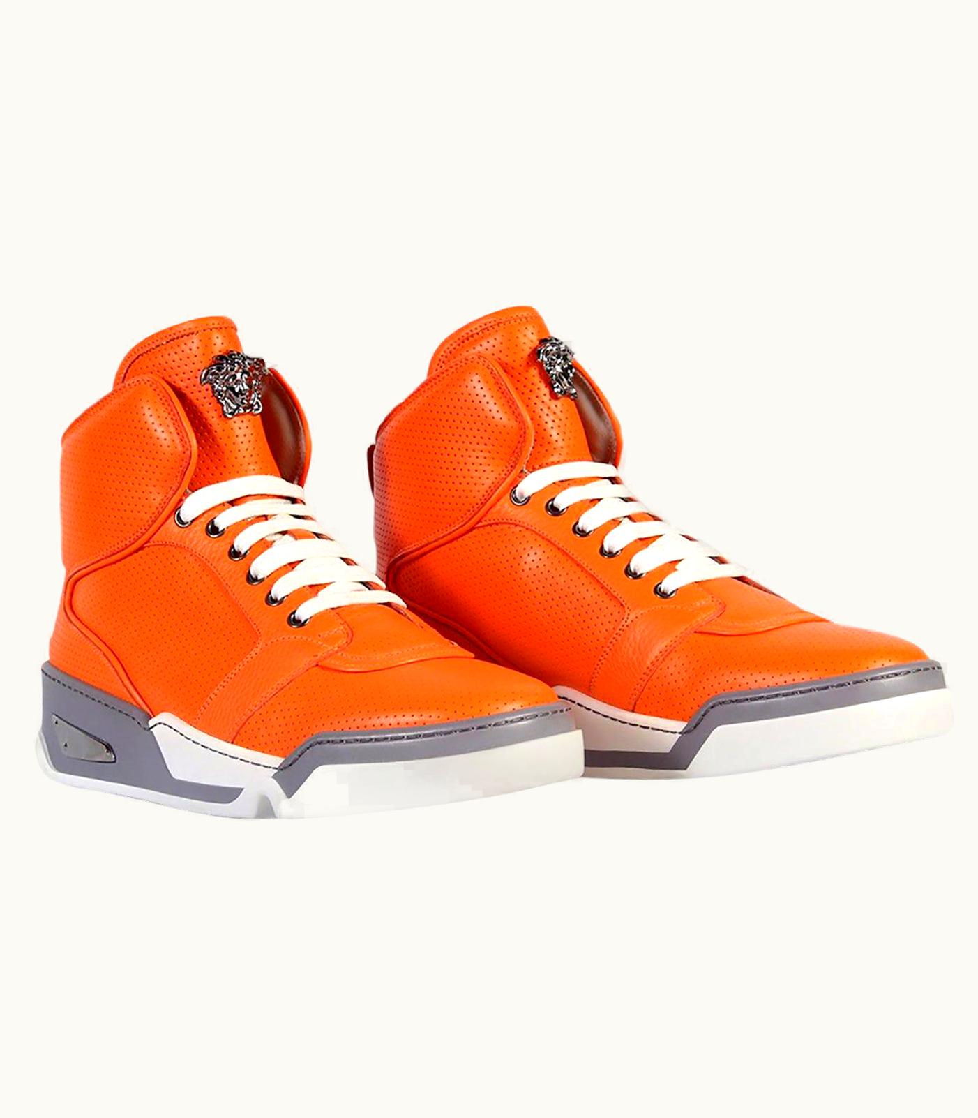 Versace Versace Men' Orange Perforated Leather High-Top Sneakers Sizes: