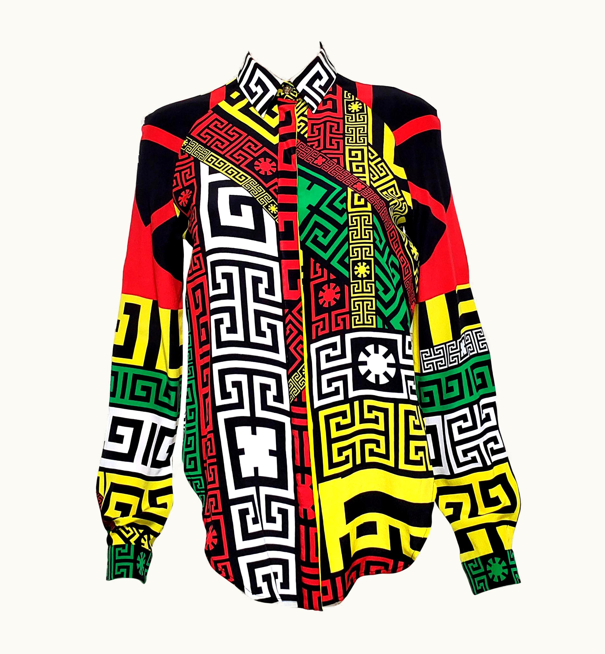 Versace Versace Geometric Multi Color Greek Pattern Shirt