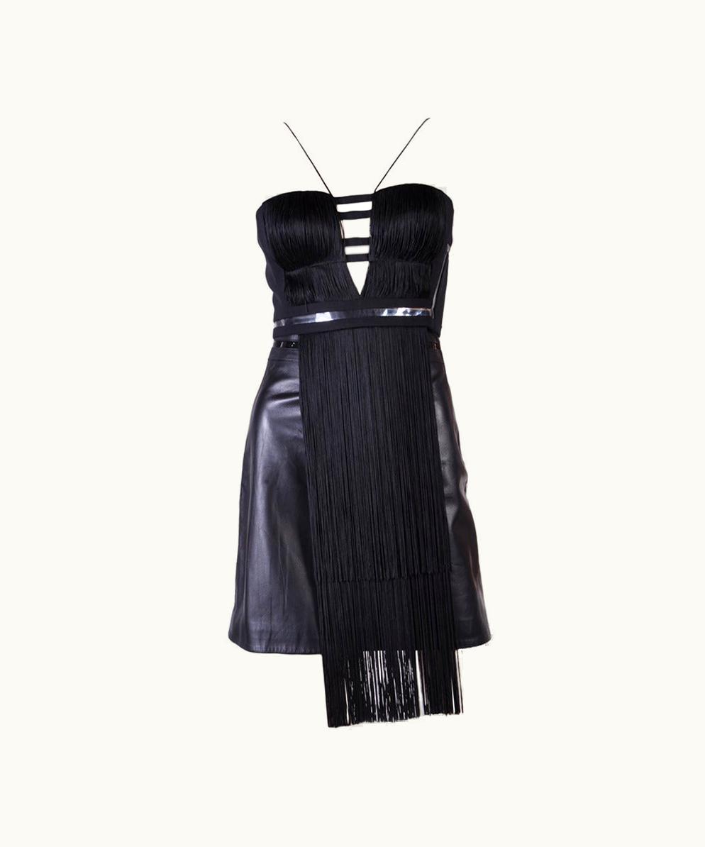 Versace Versace Black Silk Fringe Top And Leather Skirt