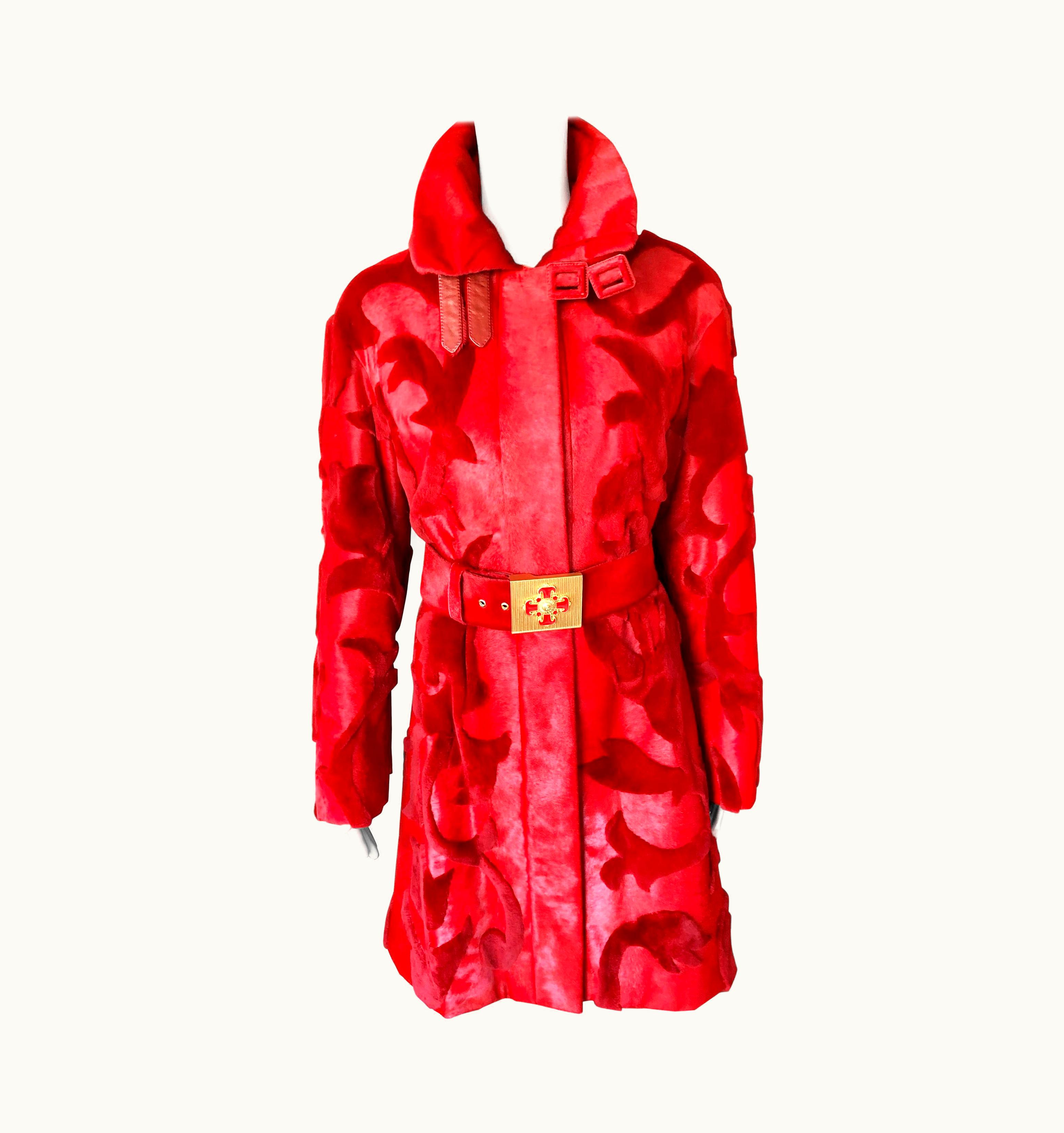 Versace Versace Mink Fur And Leather Belted Knee-Length Red Jacket Coat