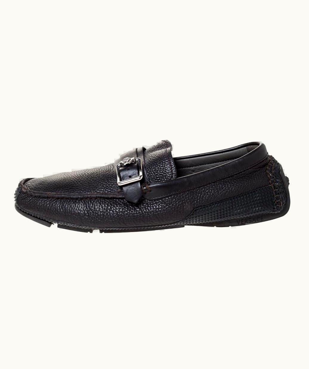 Versace Versace Black Leather Buckle Detail Slip On Loafers
