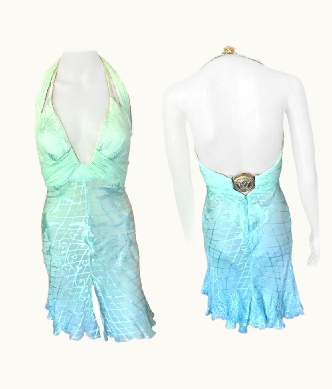 Versace Versace S/S 2005 Embellished Medusa Logo Plunged Backless Mini Dress