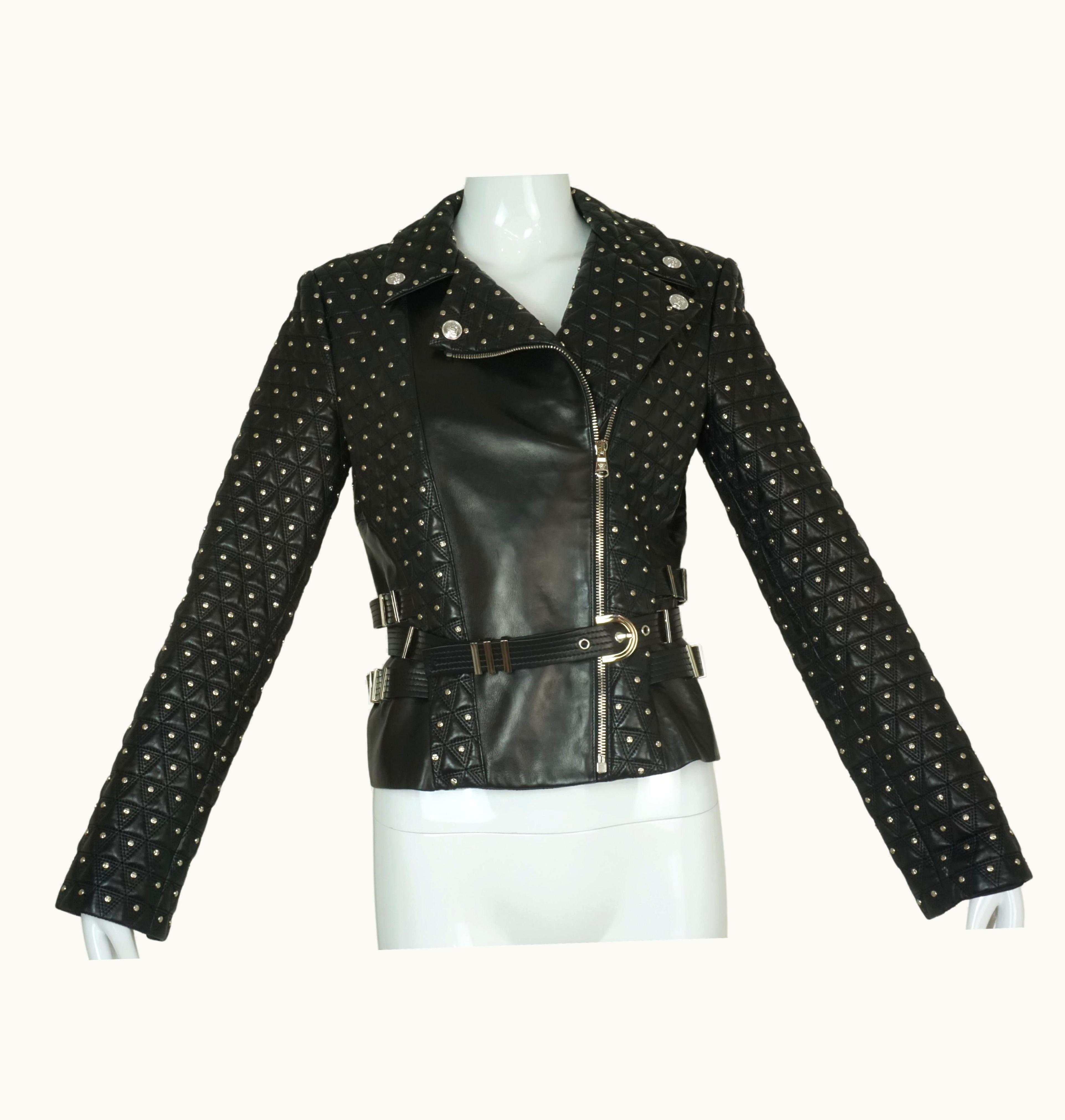 Versace Versace Black Studded Leather Biker Jacket WS/S Belt And Medusa Buttons