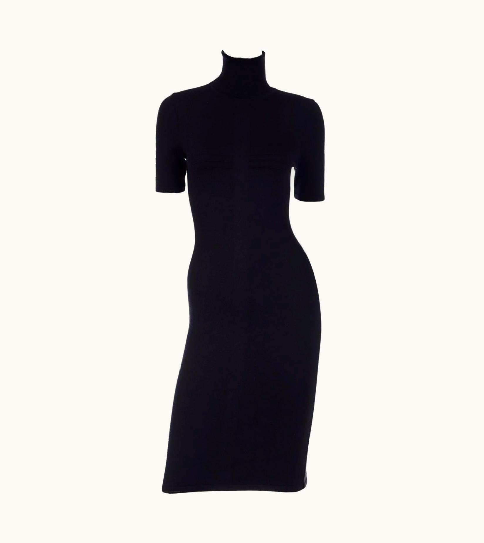 Versace Versace 2008 Black Stretch Knit Bodycon Short Sleeve Turtleneck Dress