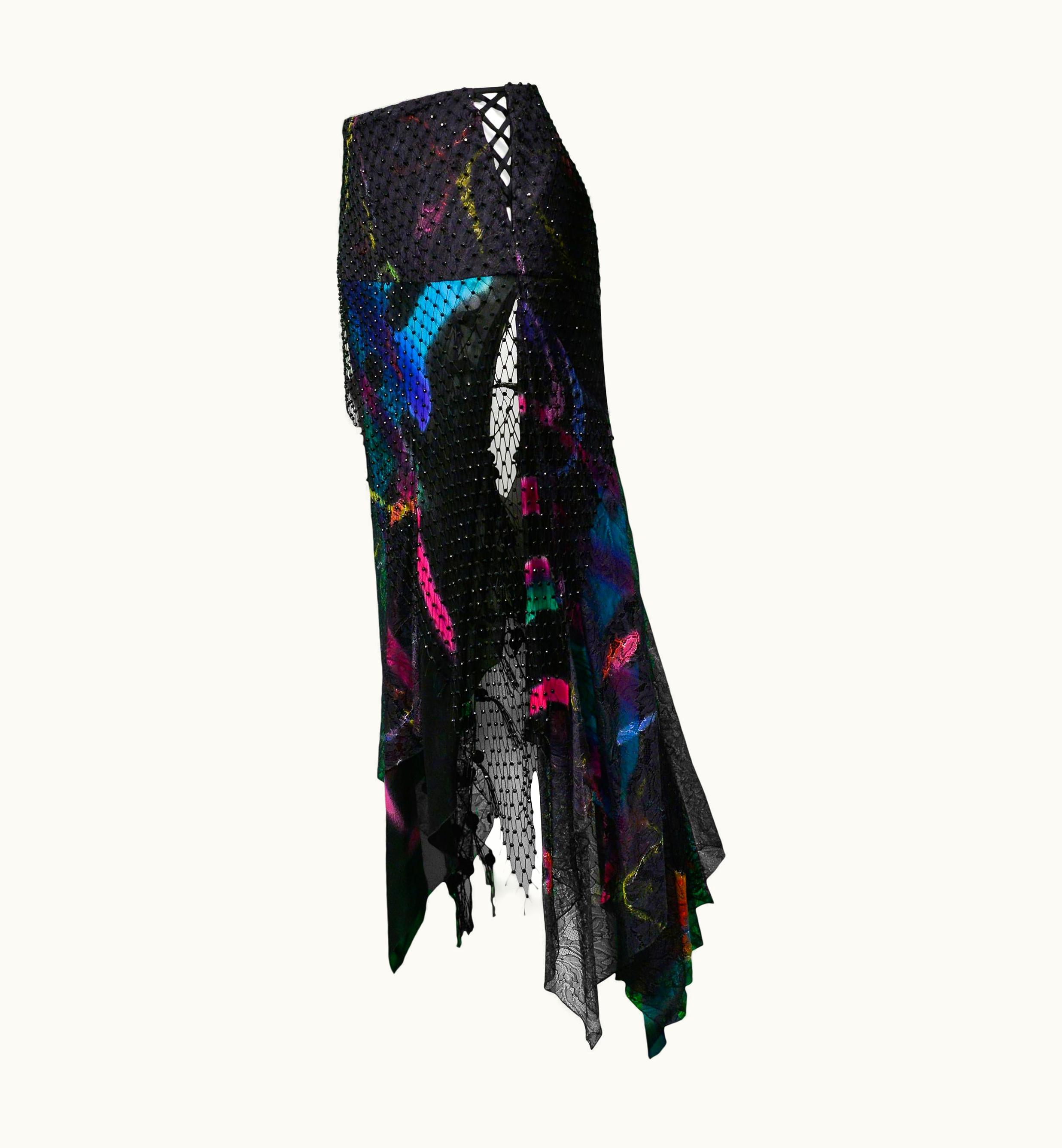 Versace Vintage Versace 2002 Black Silk, Lace & Mesh Graffiti Evening Skirt
