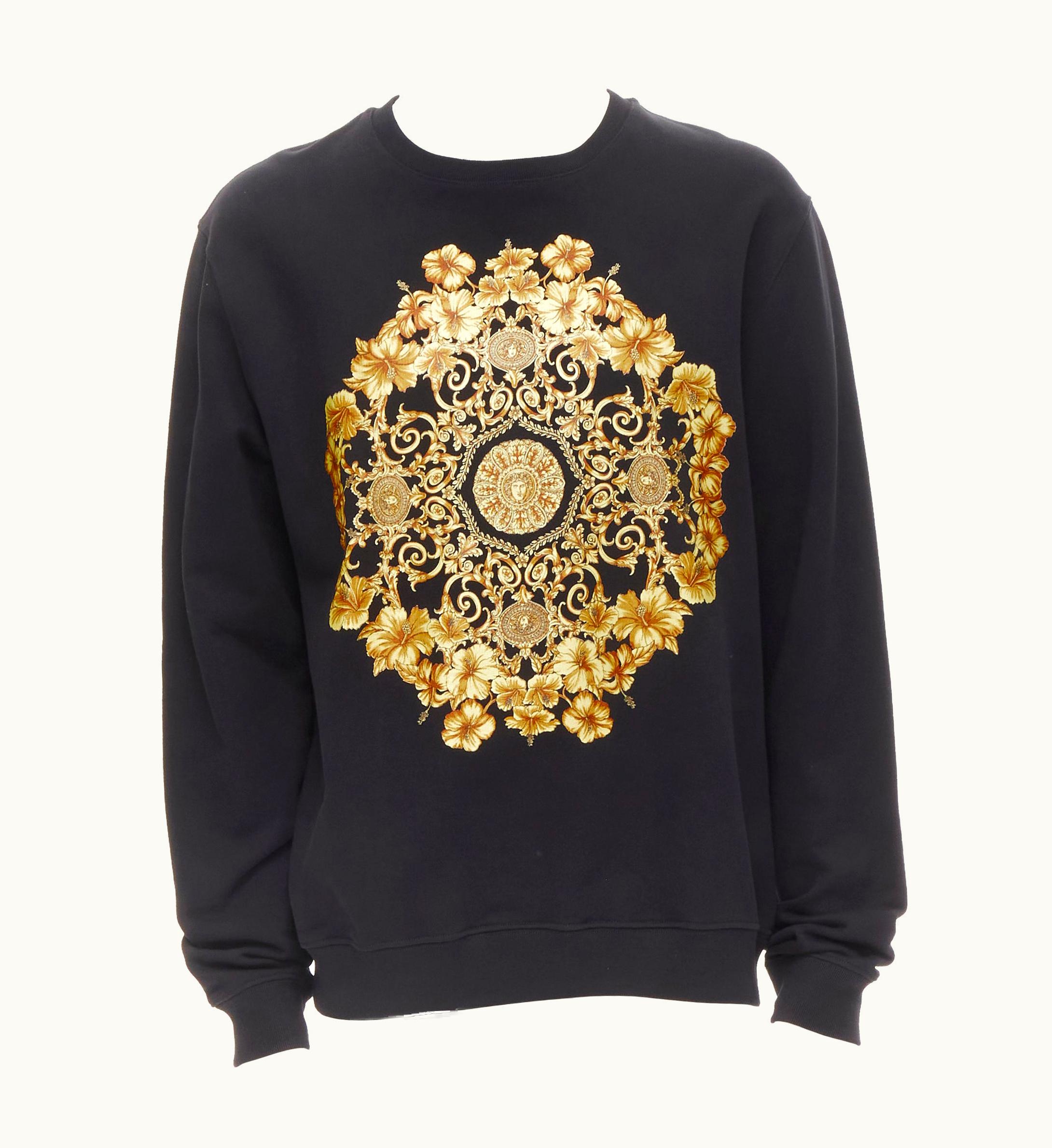 Versace Versace Black Gold Barocco Hibiscus Medusa Cotton Crew Pullover
