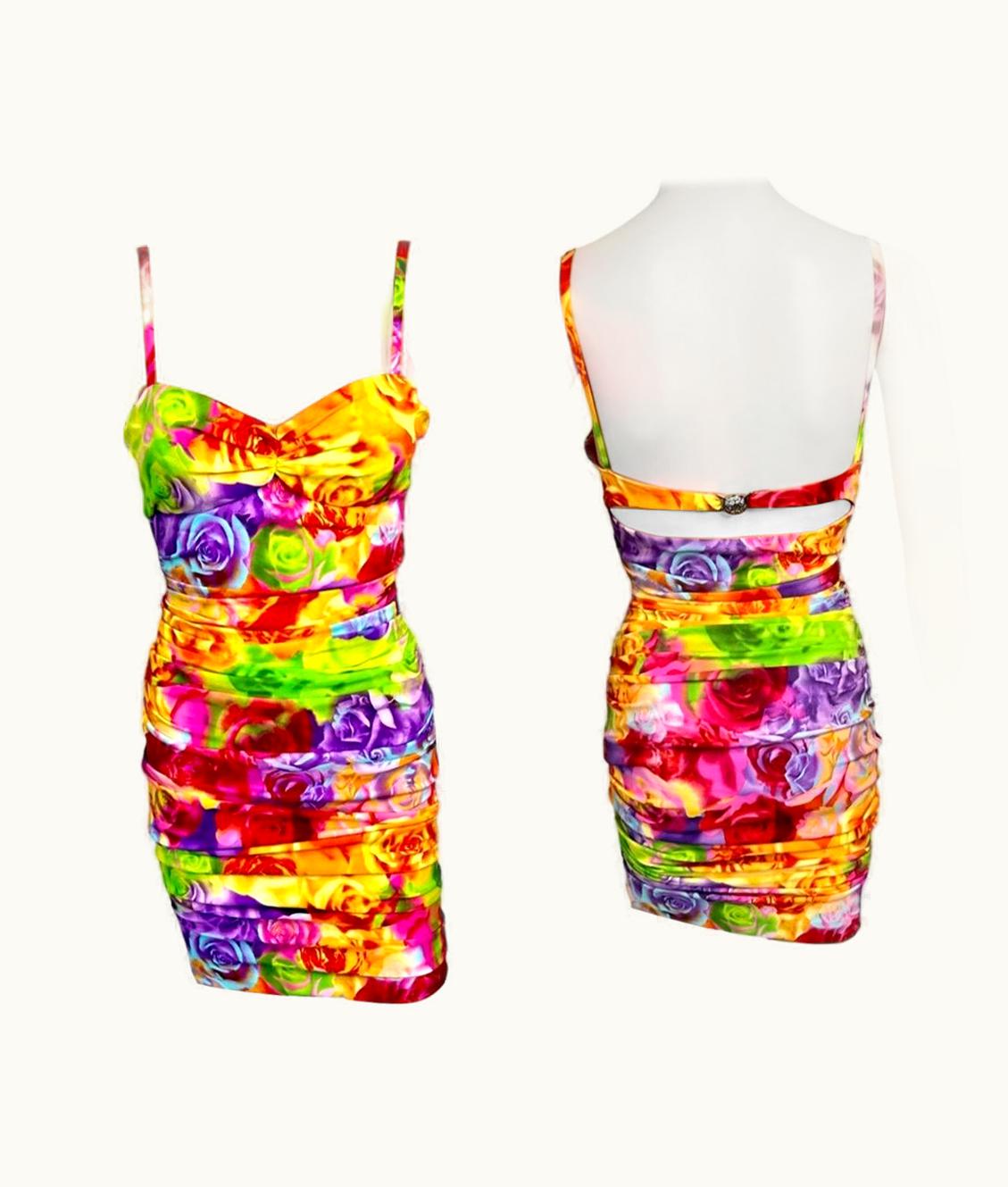 Versace Versace S/S 2005 Bustier Bra Floral Print Bodycon Ruched Dress