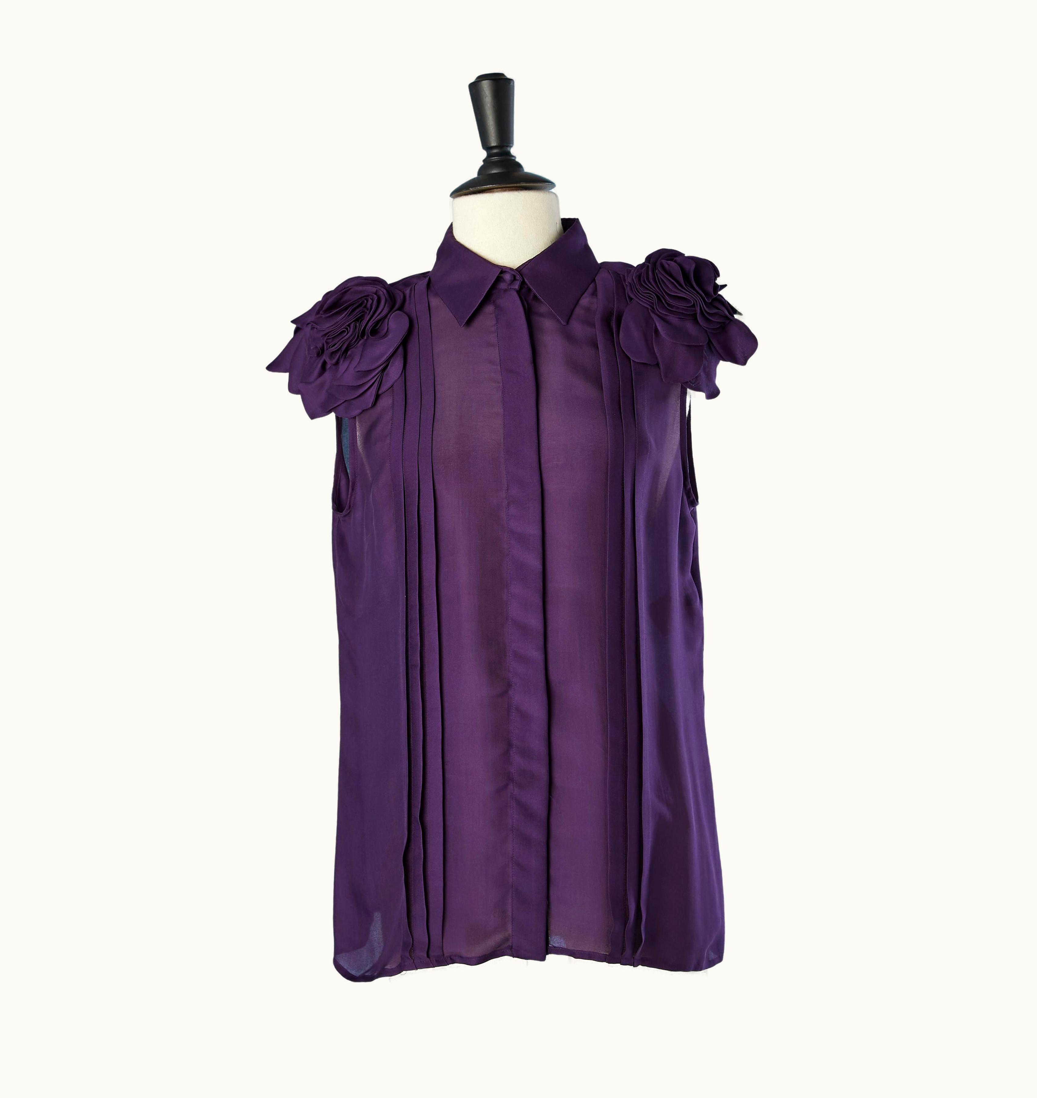Versace Silk Purple Sleeveless Shirt With Fabric Flowers On Shoulders Versace