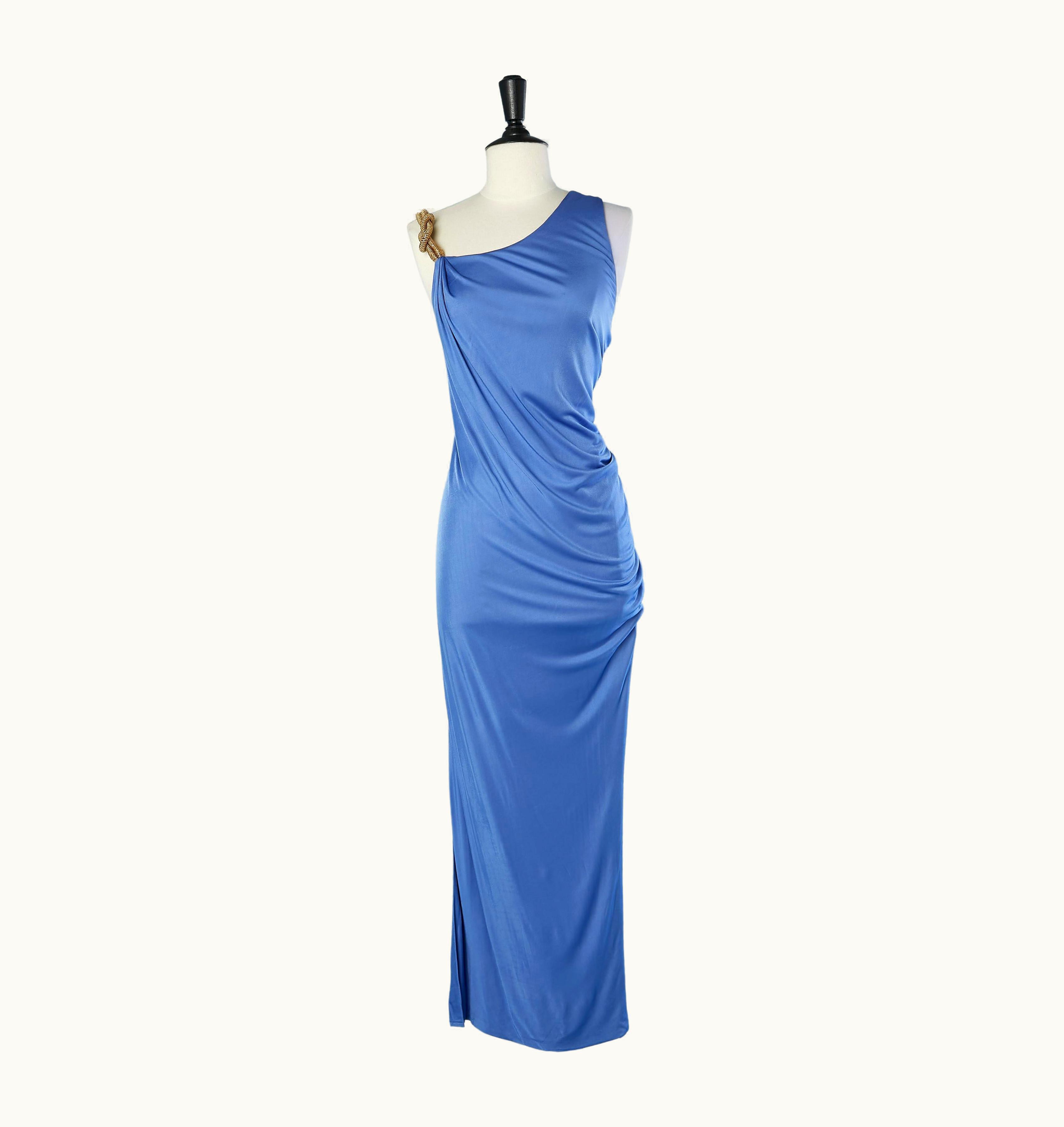 Versace Asymmetrical Blue Rayon Dress With Gold Shoulder Strap Passementerie Versace