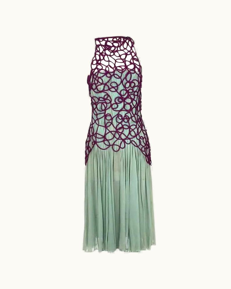 Versace Versace Pleated Silk Chiffon Dress With Purple Netting Detail Circa 1980s