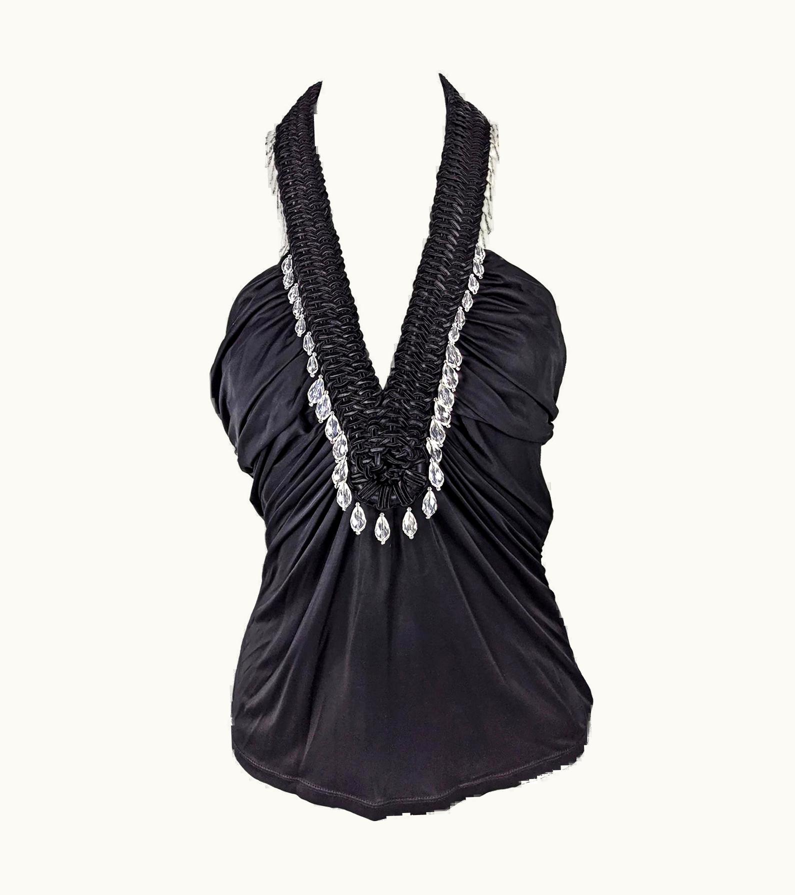 Versace Versace Vintage Black Jersey Braided Beaded Party Top, Spring 2006