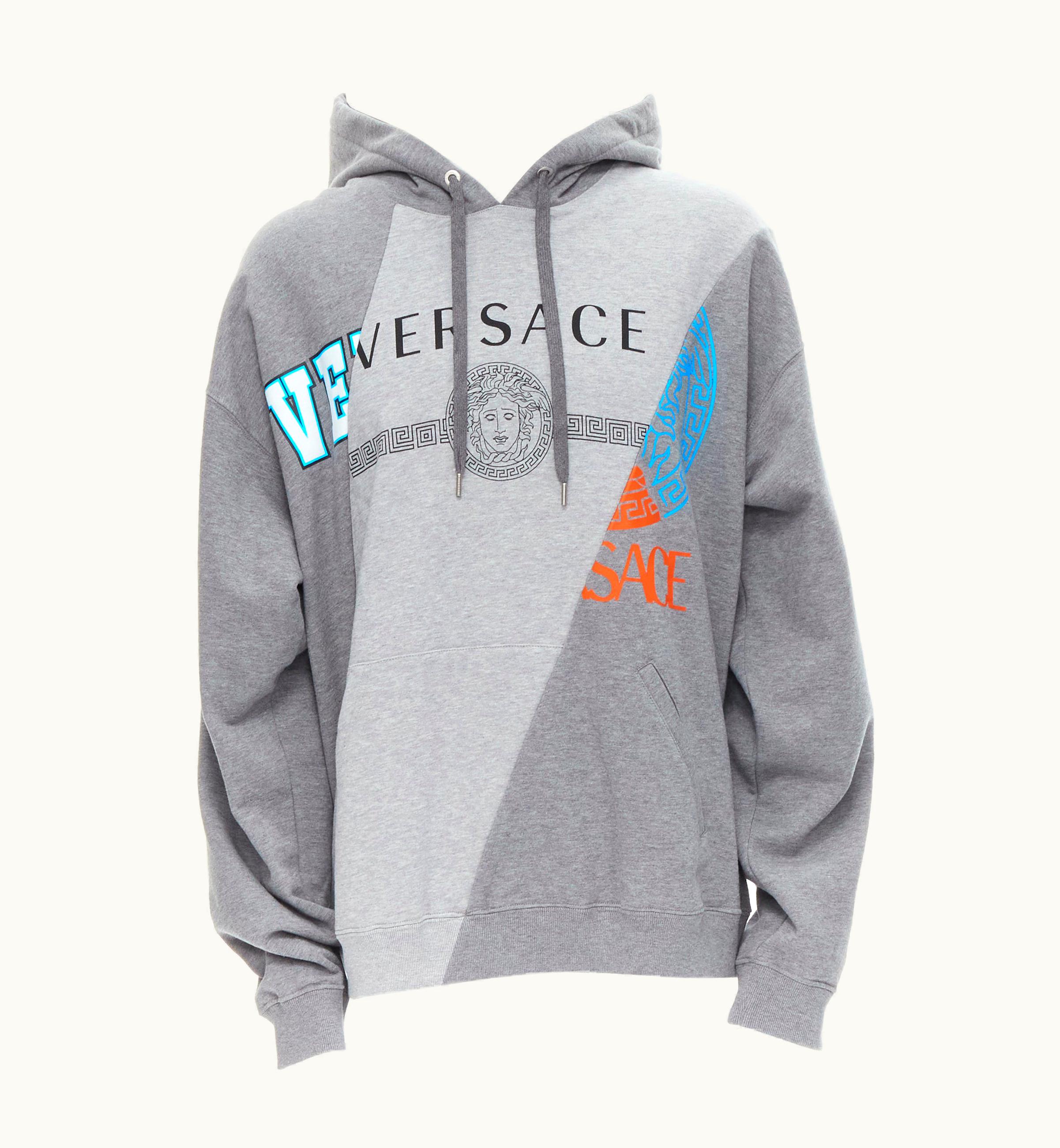 Versace Versace Compilation Deconstructed Mixed Logo Cotton Hoodie Grey Melange