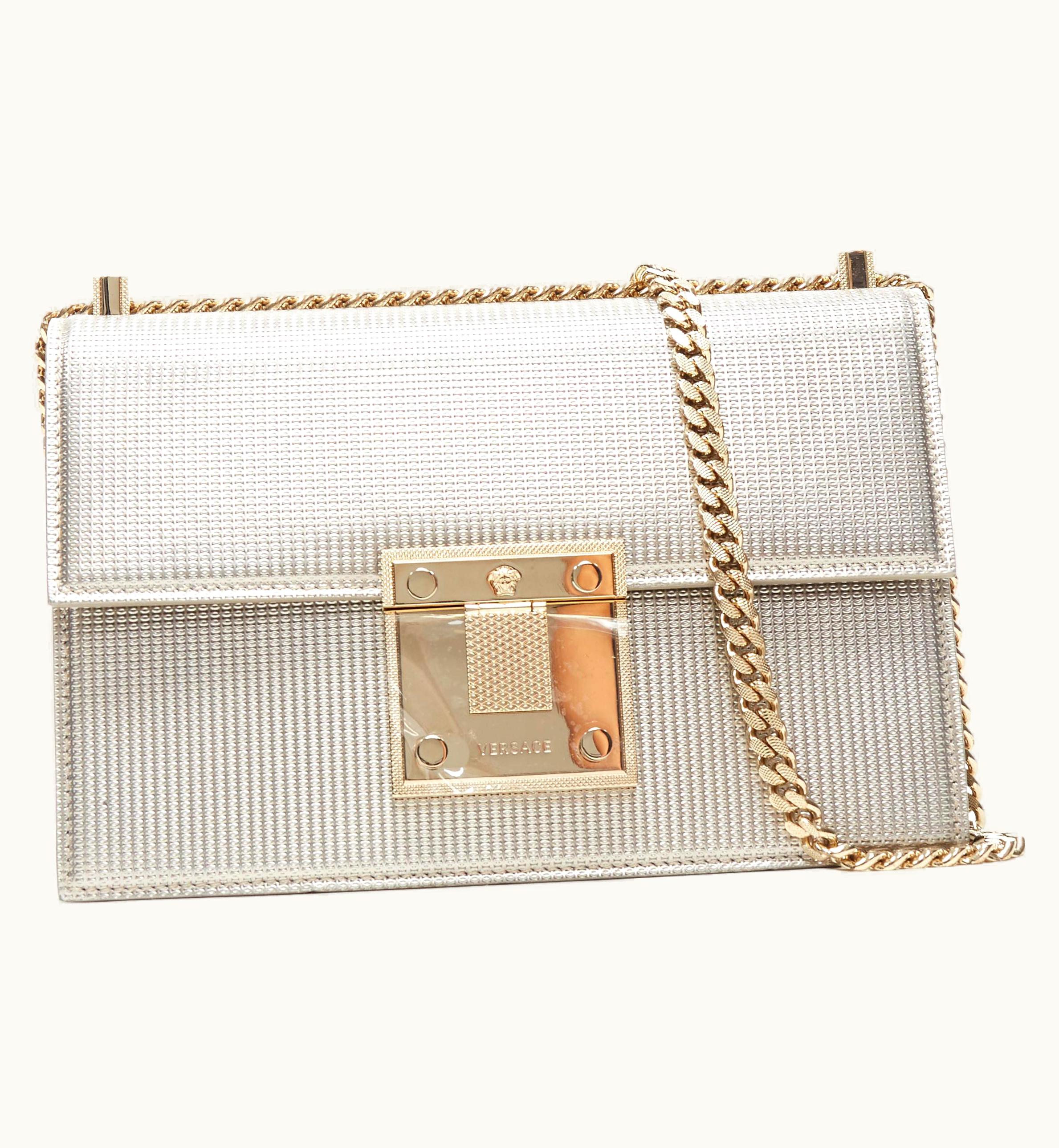 Versace Versace Diamente Silver Leather Gold Medusa Chunky Chain Structured Bag