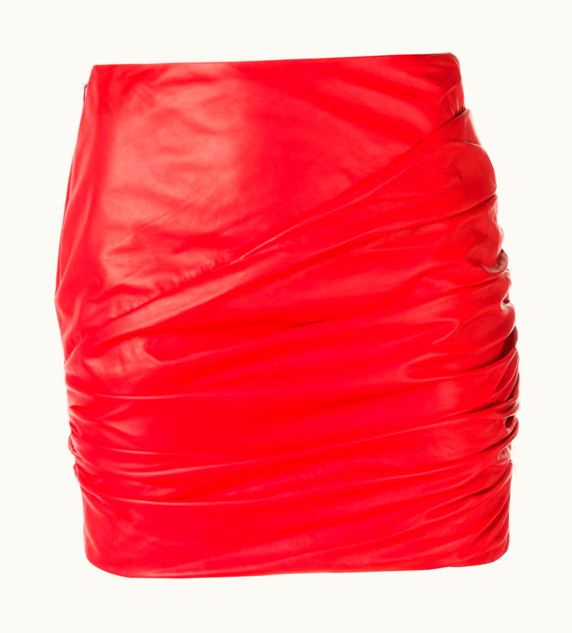 Versace Versace Red Leather Asymmetrical Ruched Mini Skirt