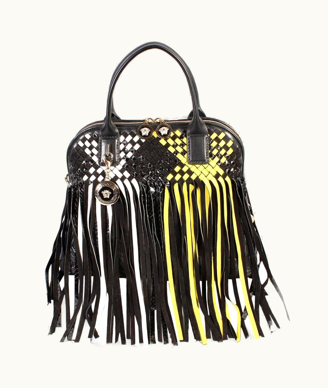 Versace Versace Large Fringed Vanitas Black, White And Yellow Handbag Shoulder Bag