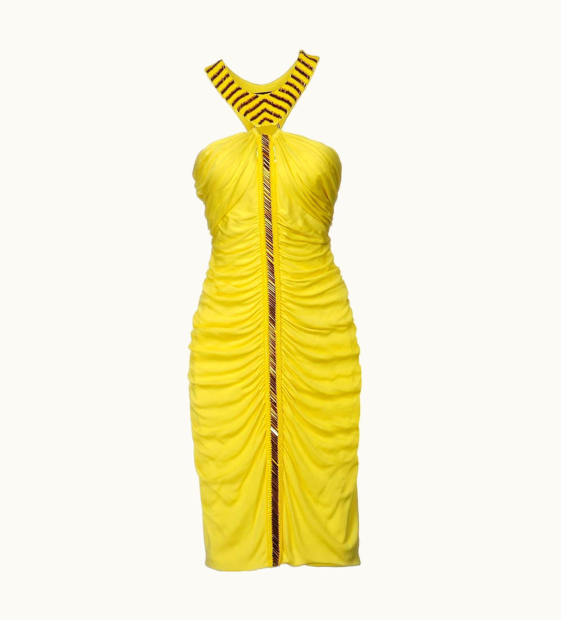 Versace Versace Beaded Cocktail Stretch Yellow Ruched Dress 42 - Us