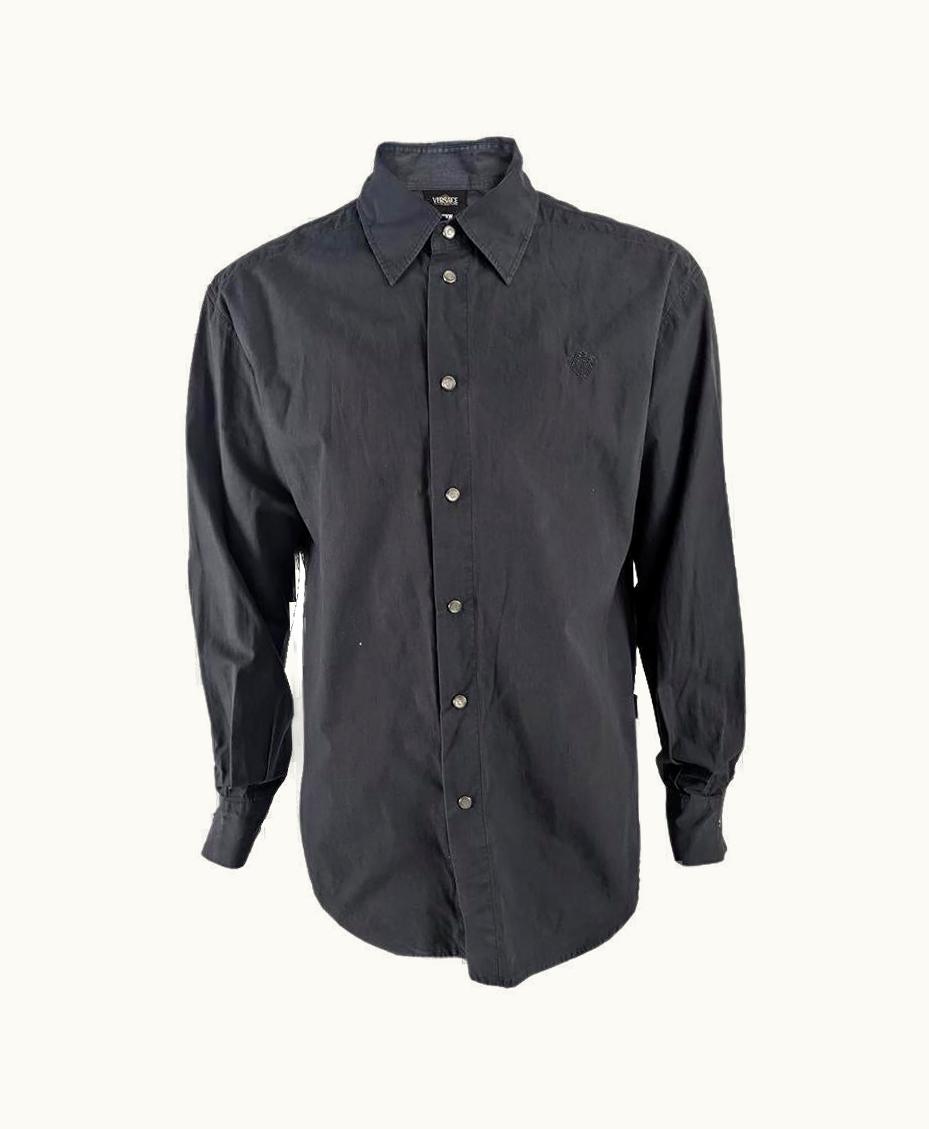 Versace Versus Versace Vintage 1990s Charcoal Grey Shirt Pearl Snaps Gold Embroidery
