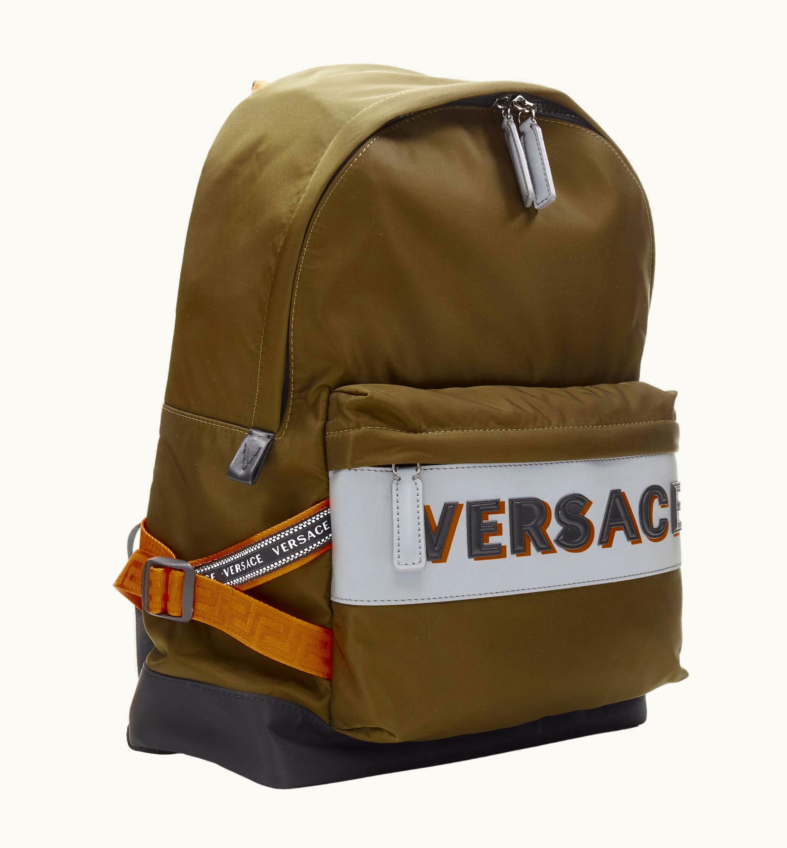 Versace Versace Reflective Logo Green Nylon Orange Greca Strap Backpack UZ0576878