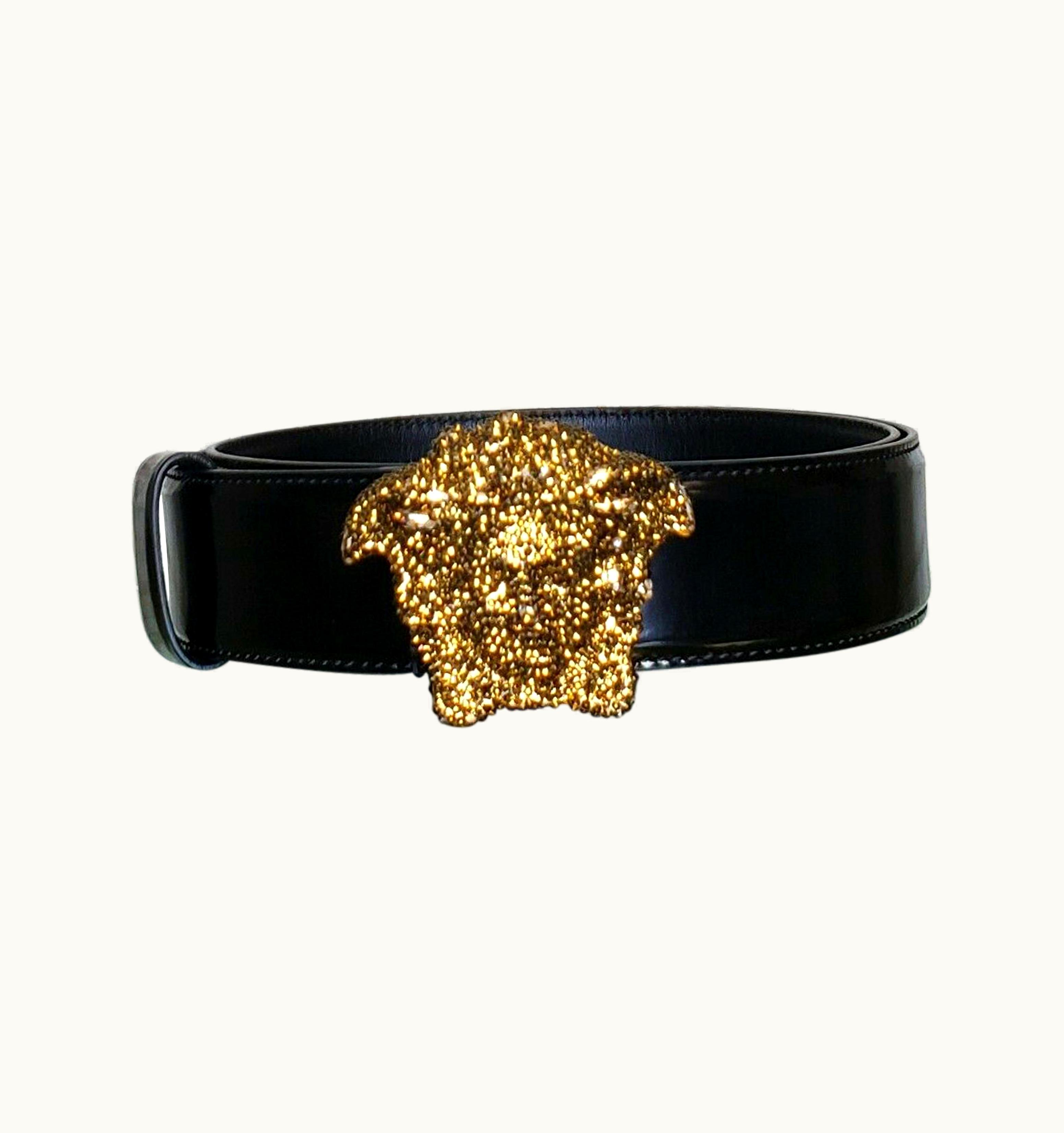 Versace Versace Gold Crystal Embellished 3d Medusa Black Pat. Leather Belt 75/30
