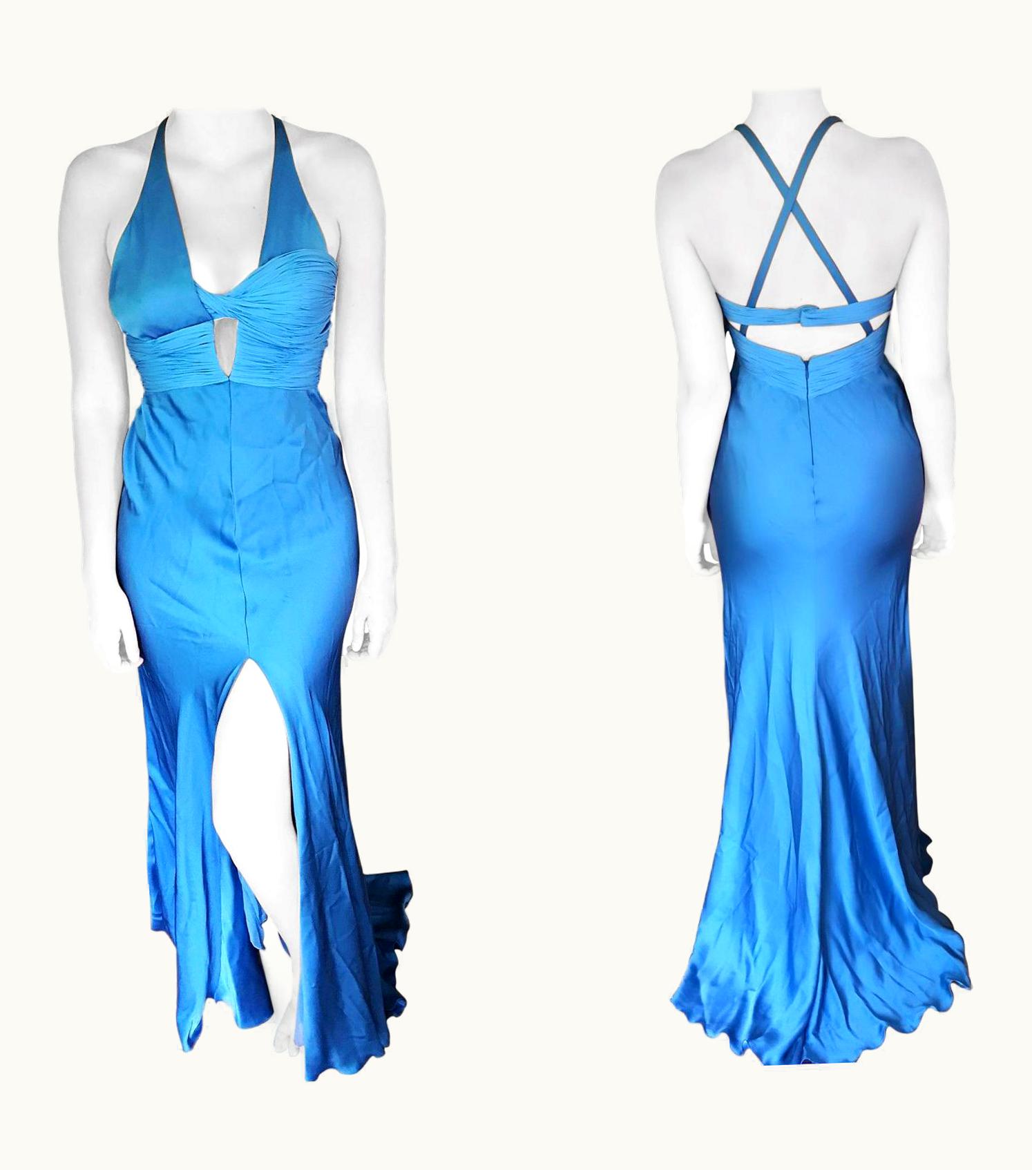 Versace Versace S/S 2004 Bustier Open Back High Slit Blue Dress Gown