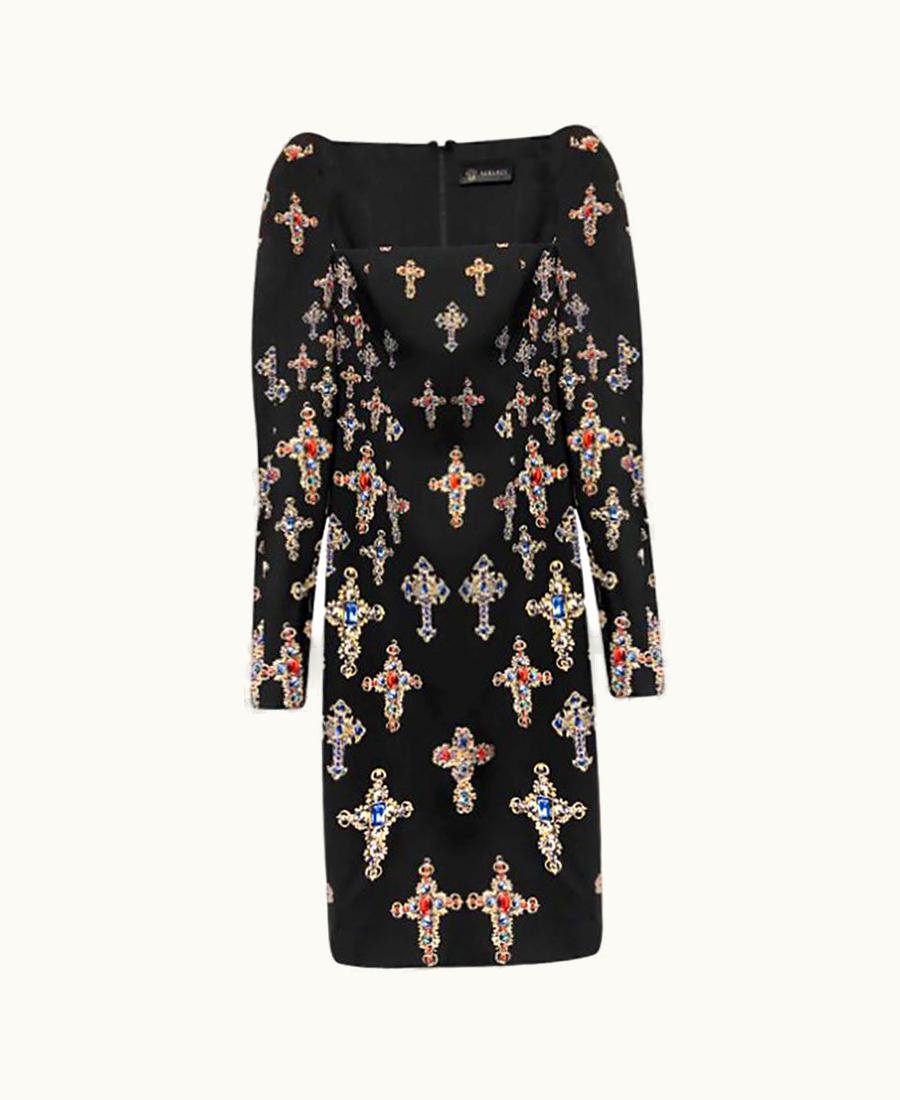 Versace Versace Fall 2012 Black Cross Printed Silk Midi Dress