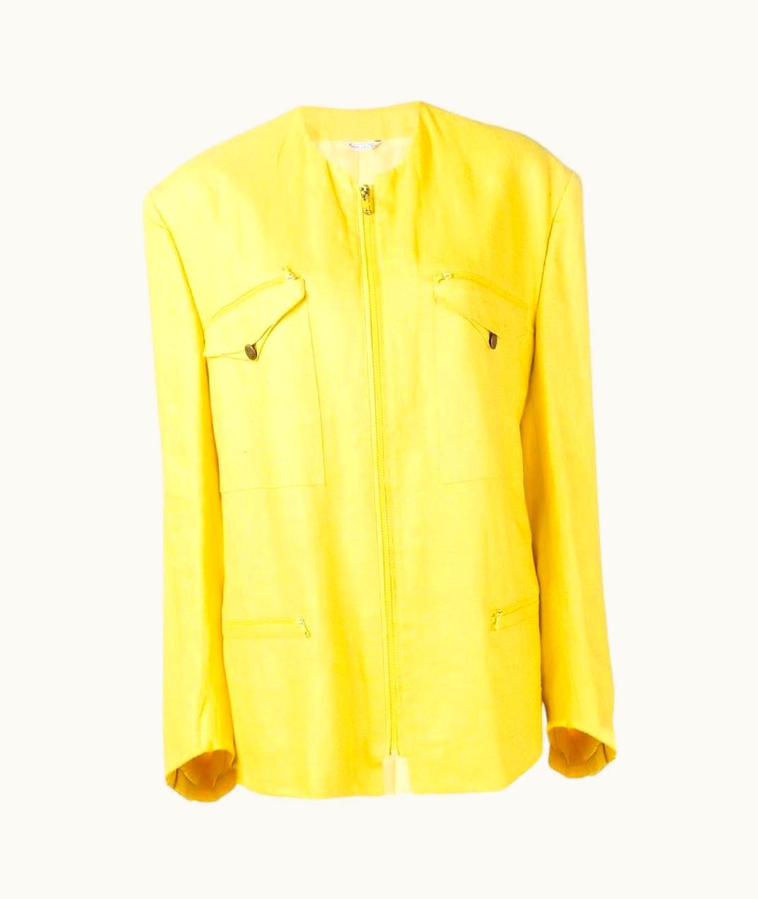Versace 80s Versace Vintage Yellow Linen Zipped Jacket With Padded Shoulders