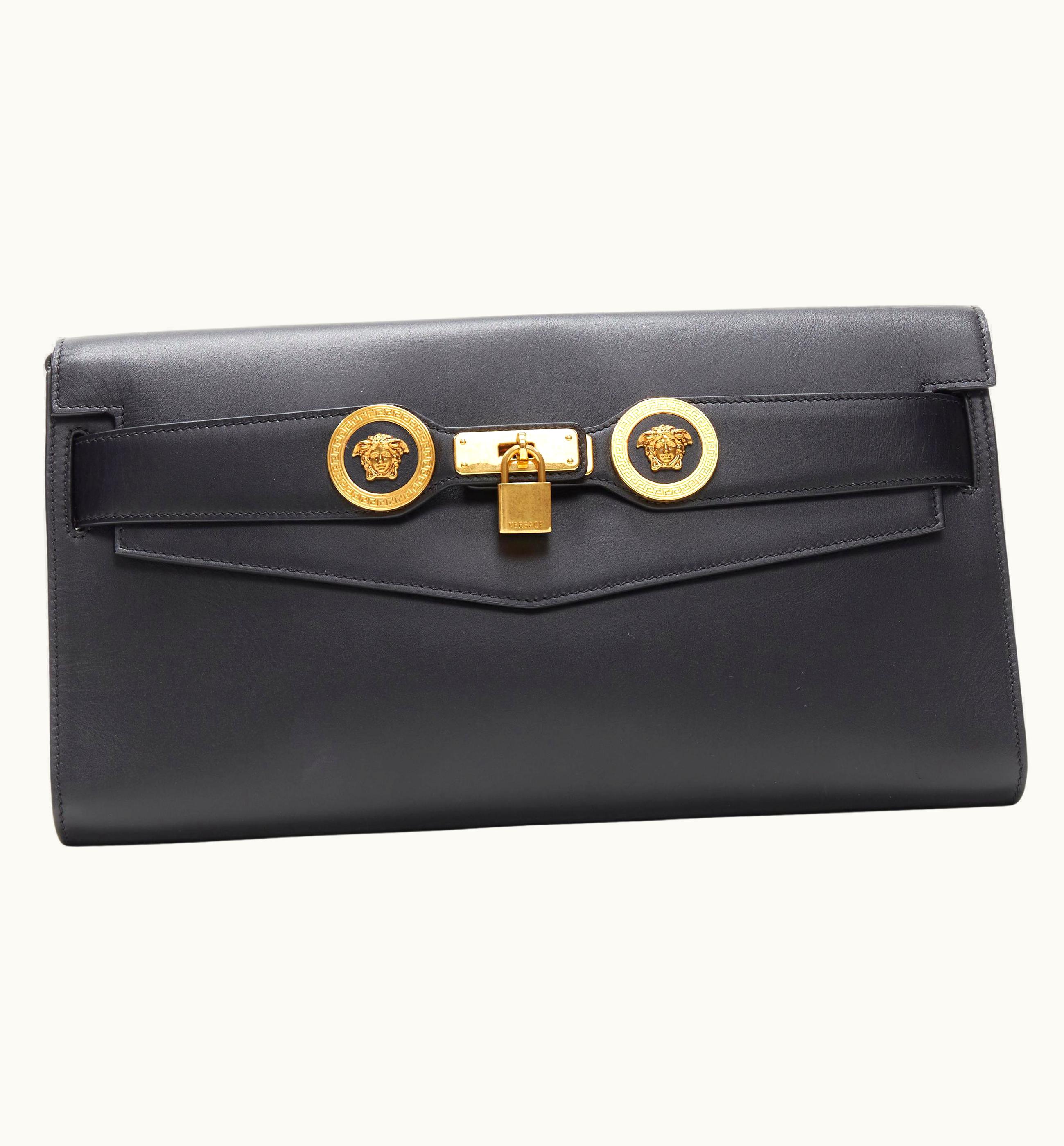 Versace Versace 2018 Tribute Icon Black Gold Double Medusa Coin Kelly Clutch Bag
