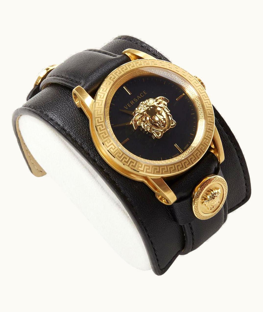 Versace Versace Palazzo Medusa Black Gold Greca Convertible Leather Cuff Wrist Watch
