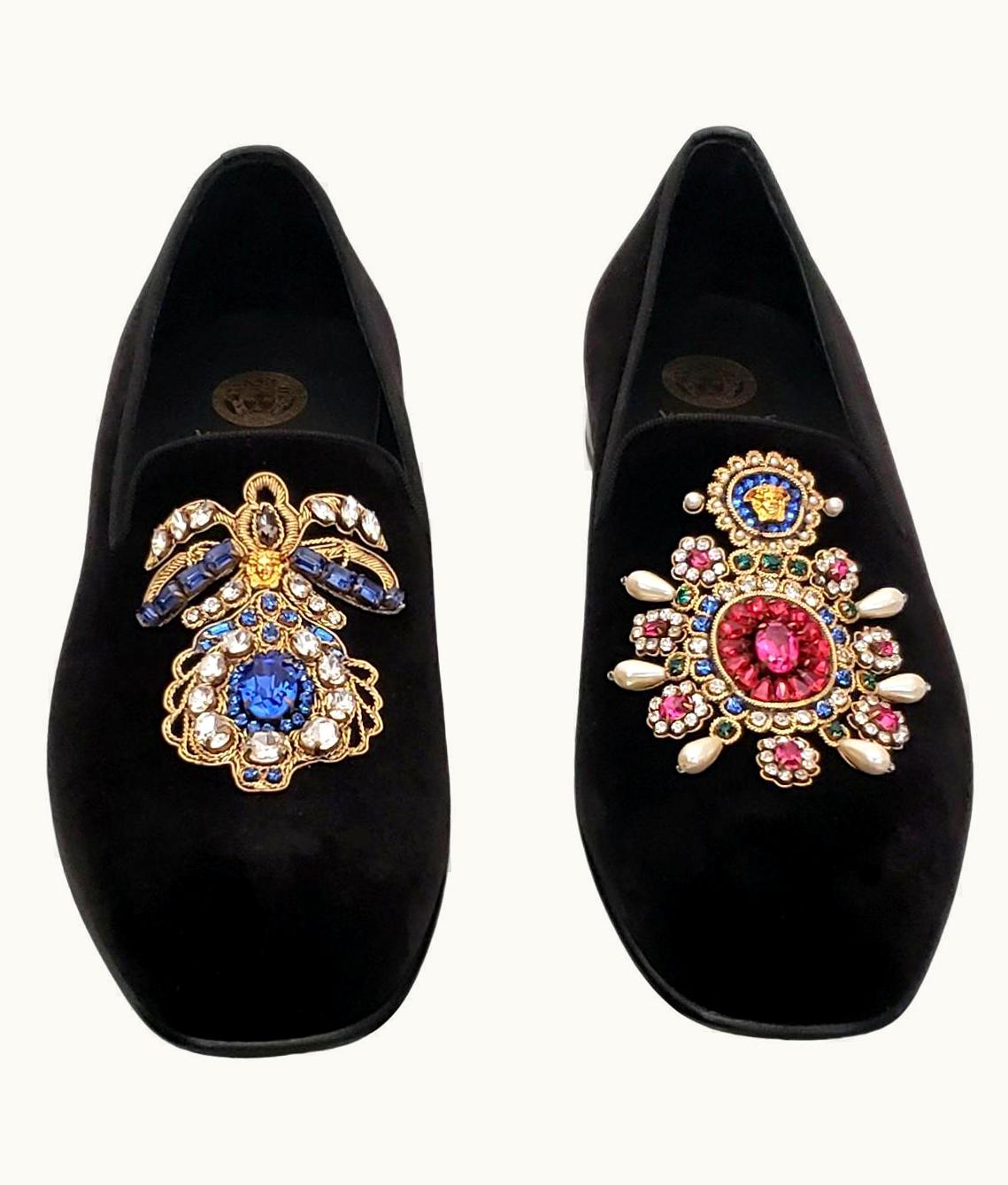 Versace Atelier Versace Black Velvet Jewel Embellished Tuxedo Loafers Shoes
